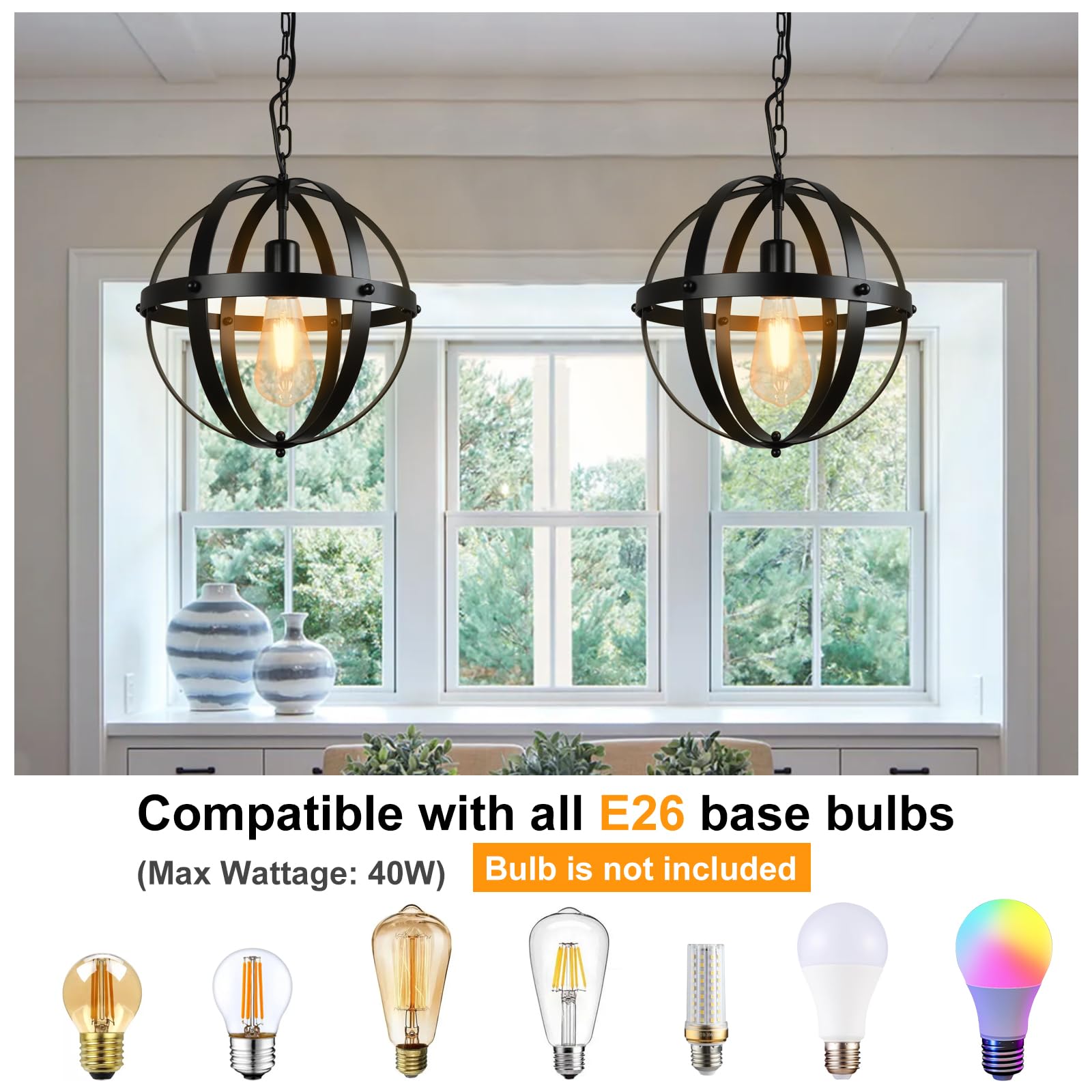 DINGLILIGHTING Vintage Globe Pendant Light, 1-Light E26 Base, Matte Black, Ideal for Dining Room, Kitchen Island, Model WSCL34-B