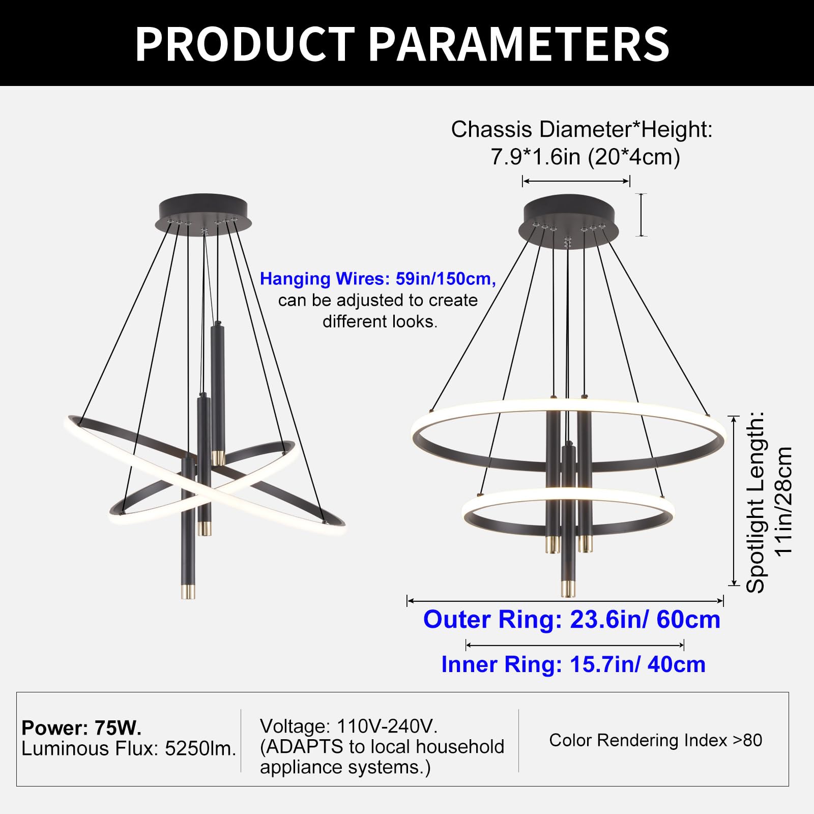 ORANOOR LED Black Modern Chandelier, Dimmable 24in, Aluminum, 2 Ring, Model OR-7703B, Ideal for Dining Room and Living Spaces