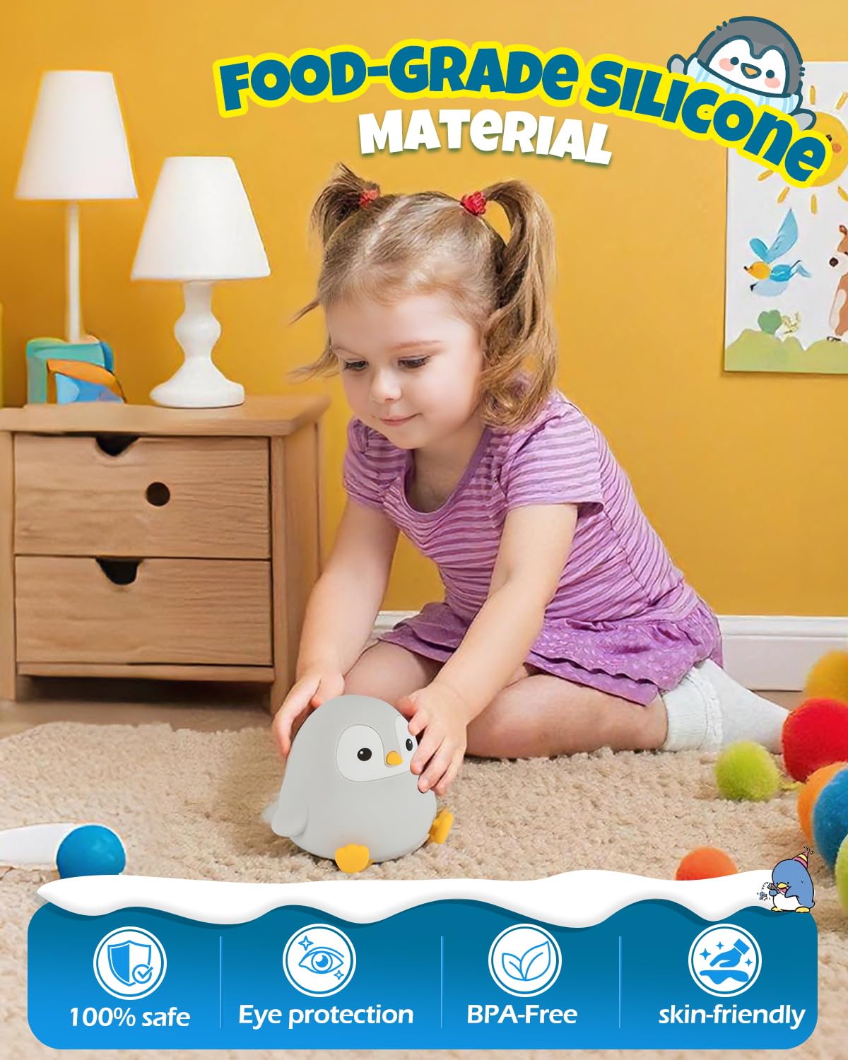 Cute Penguin Night Light  Animal Lamp  Food Grade Silicone  Rechargeable  2 Level Dimmable  Squishy Nursery Nightlight For Desk Decor  Funny Gifts Stuff For Boys Girls Baby  White Elephant Gifts