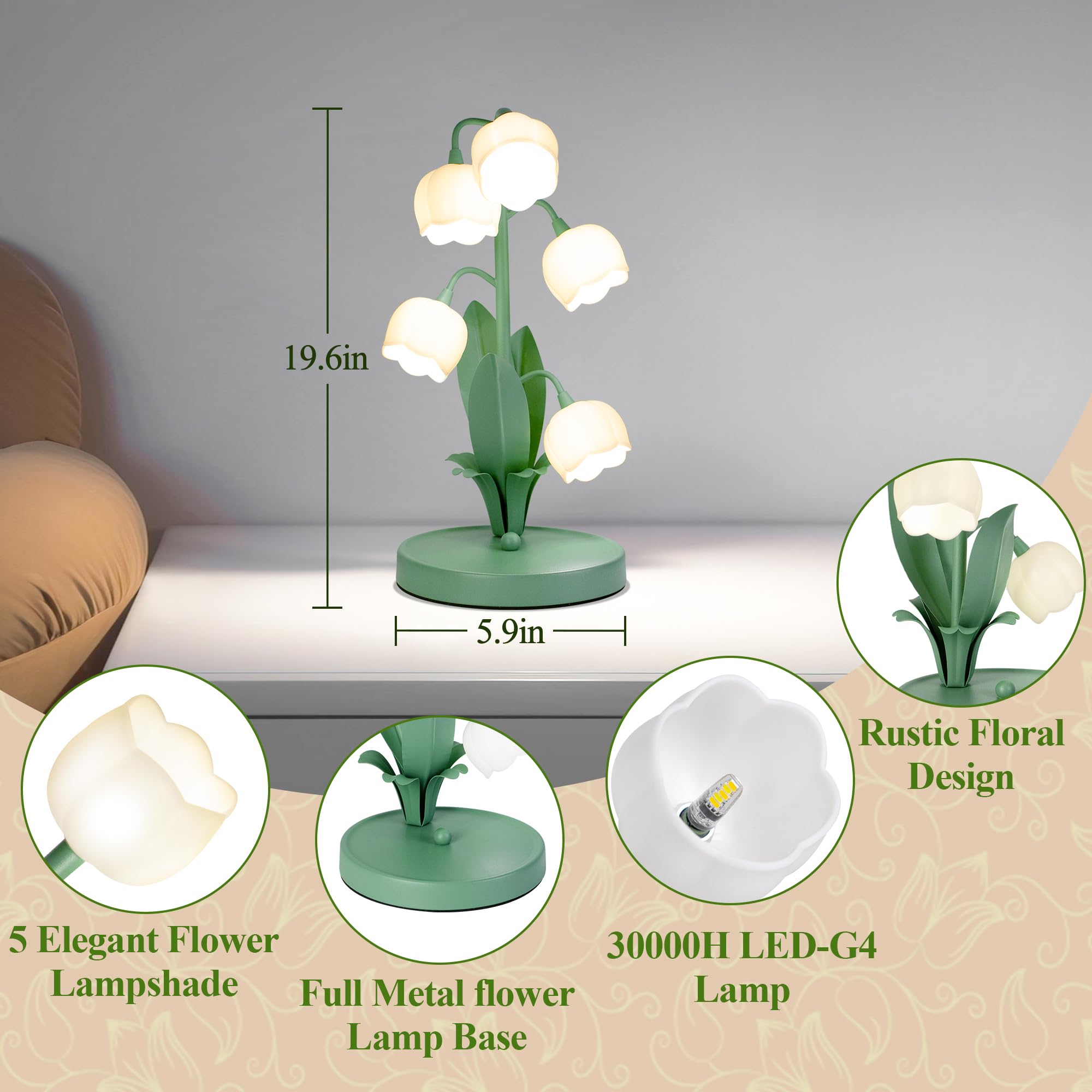 Werfop Flower Table Lamp, Vintage Lily Of The Valley Desk Lamp For Bedside 3 Color Modes Cute Reading Night Light With Led Bulbs