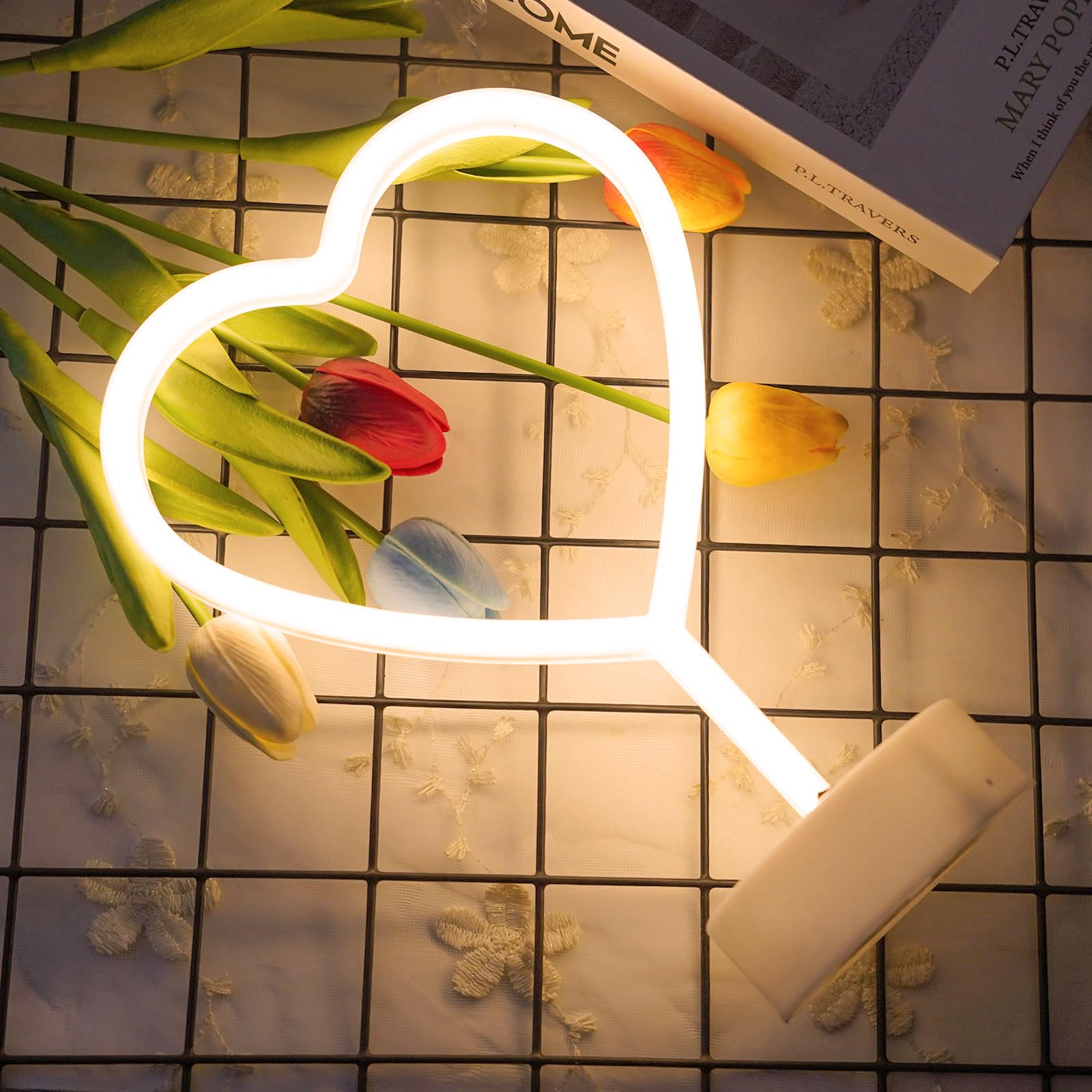Warm White Heart Neon Sign,Mother'S Day Led Neon Light Battery Operated Or Usb Powered Valentines Lights, Table Lamp For Galenti