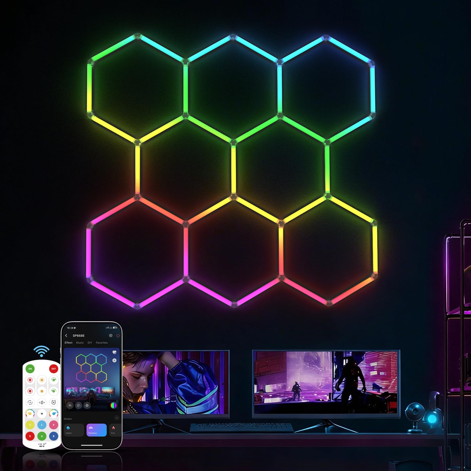 HYPERLITE Hexagon Garage Lights: Gen IV-8 Grid Hexagon LED Lights with Music Sync Mode, App & Remote Control, Multi-Color Honeyc