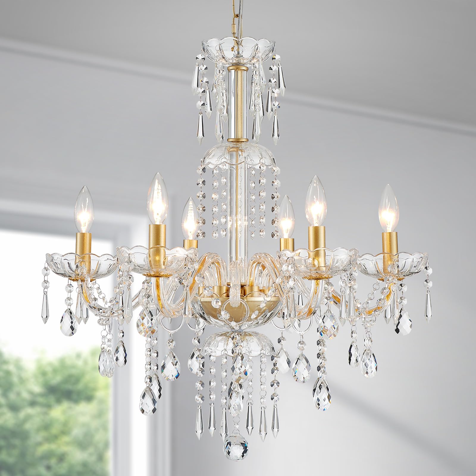 Wuzups 6-Light Crystal Candle Chandelier Pendant Ceiling Light Modern Lighting Fixture For Bedroom Hallway Bar Kitchen Bathroom  H 25.6 W 24.4  E12 Base  Gold
