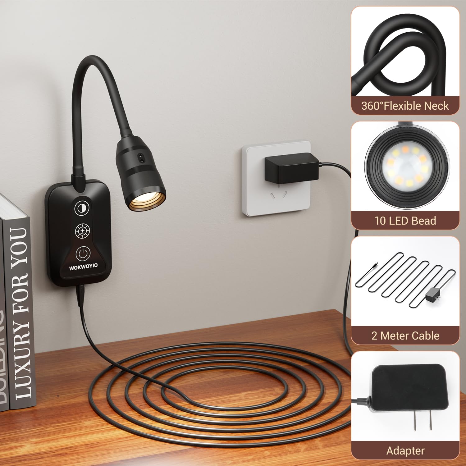 WOKWOYIO Wall Mounted Reading Light, USB Output, Dimmable, 2 Pack, Black, Flexible Gooseneck, for Bedroom Reading
