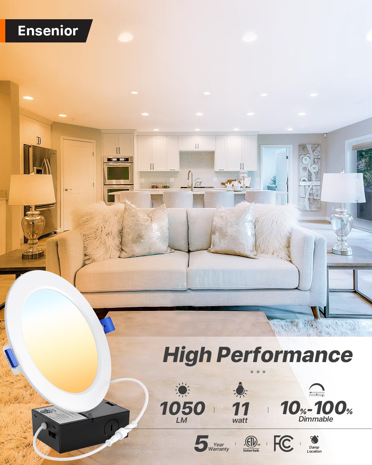 Ensenior 12 Pack 6 Inch Ultra-Thin Led Recessed Lighting With Junction Box, 2700K/3000K/3500K/4000K/5000K - 5Cct Selectable, 11W Eqv 110W, Dimmable Ceiling Downlight, 1050Lm High Brightness - Fcc&Etl