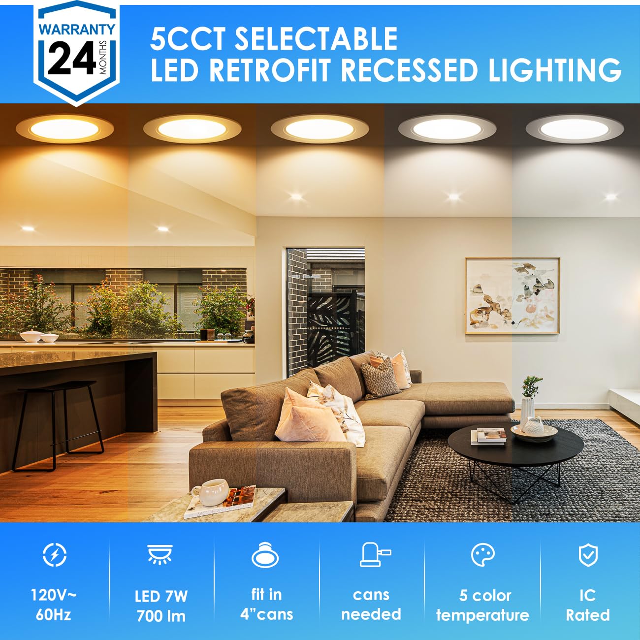 Anwio Recessed Lights 4 Inch 5Cct 2700/3000/4000/5000/6000K, Modern Retrofit Led Recessed Lighting 7W(85W Equivalent) Cri 80+ Di
