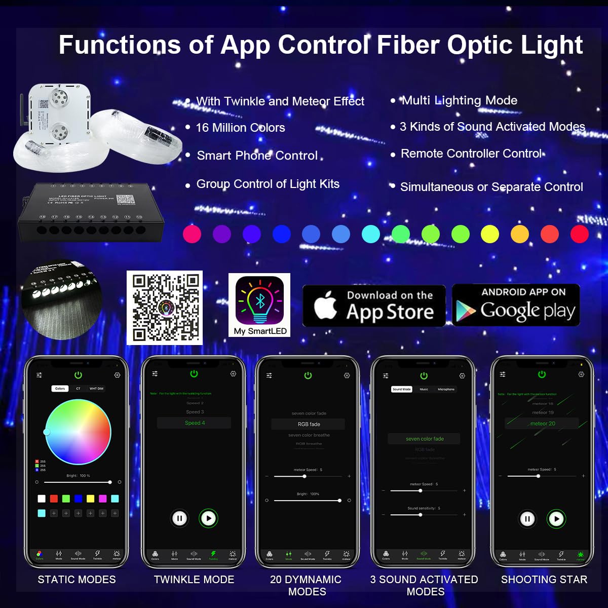 Akepo 32W App Twinkle Meteor Dual Head Fiber Optic Lights Kit, Car Home Use Music Activated Star Ceiling Sky Light, Shooting Sta