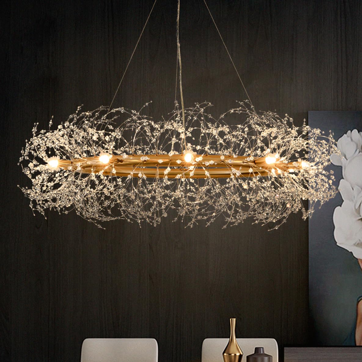 Gold Crystal Chandeliers Round,39'' Modern Crystal Dining Room Chandeliers Light Fixtures,Large Firework Chandelier Lighting for