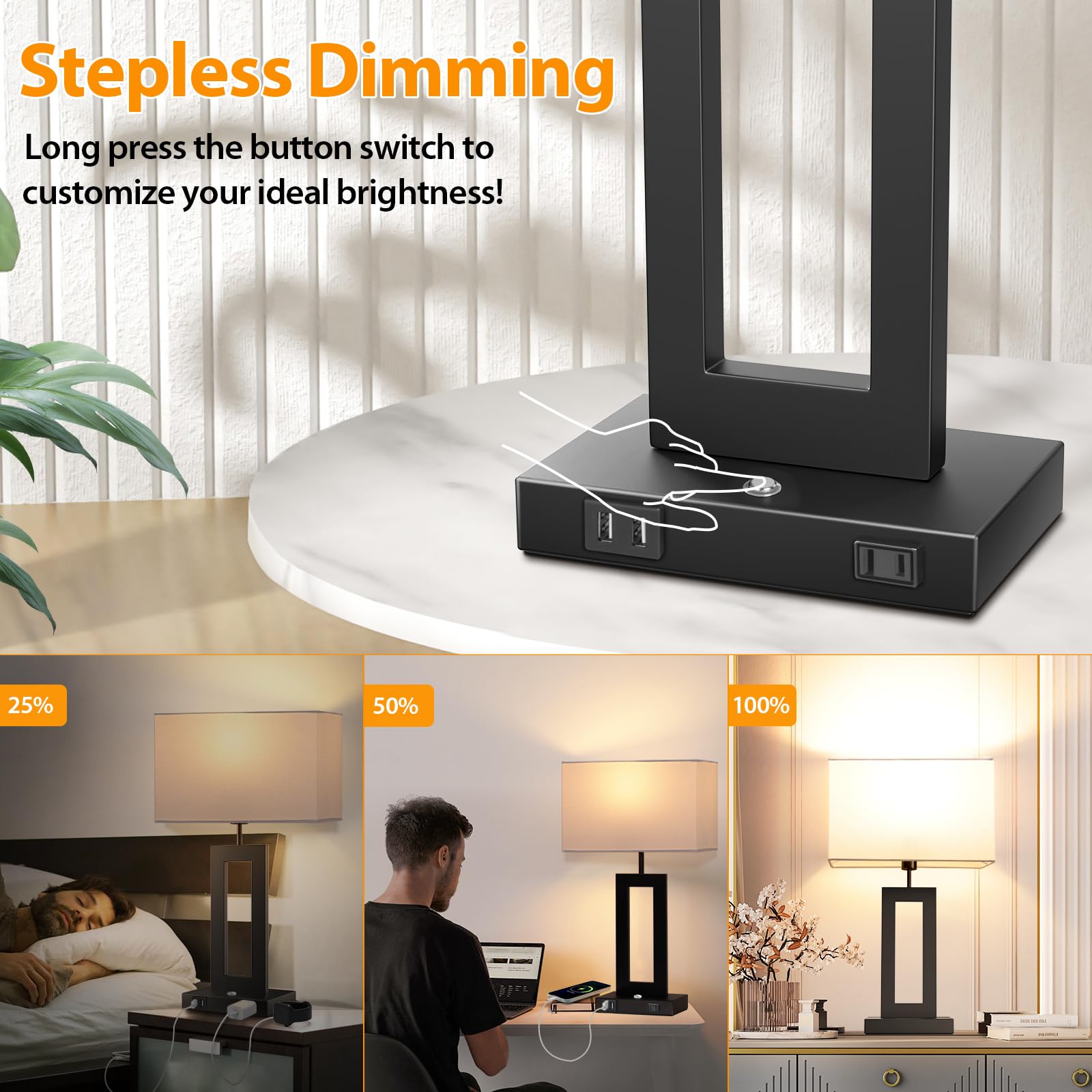 3 Color Temperatures Table Lamps For Bedrooms Set Of 2, 22 Touch Control Bedside Nightstand Lamps With 2 Usb Ports & Ac Outlet,