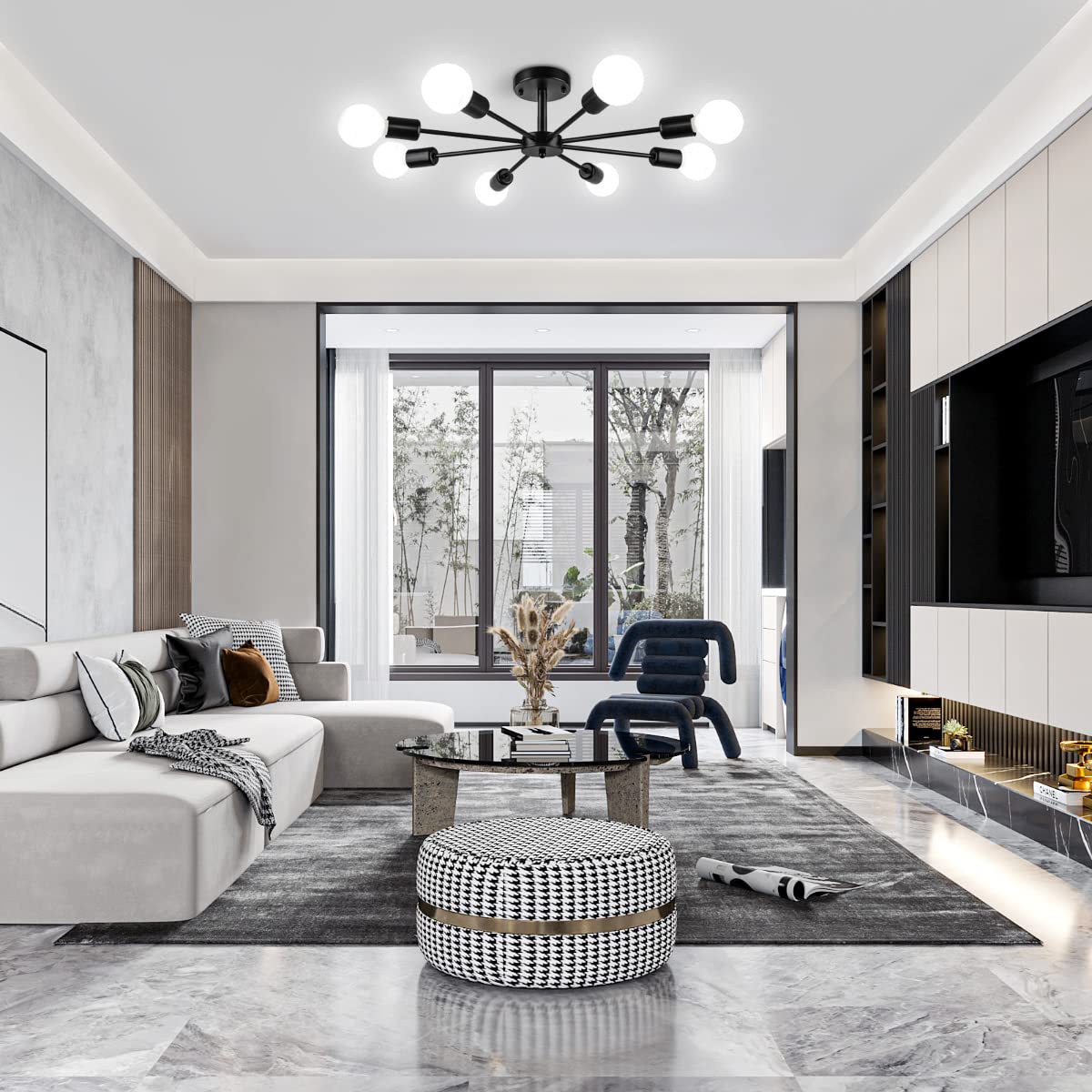 ZSMIHDOH 8-Light Black Semi Flush Mount Chandelier - Modern Sputnik Ceiling Light for Living Room, Bedroom, Kitchen, Office