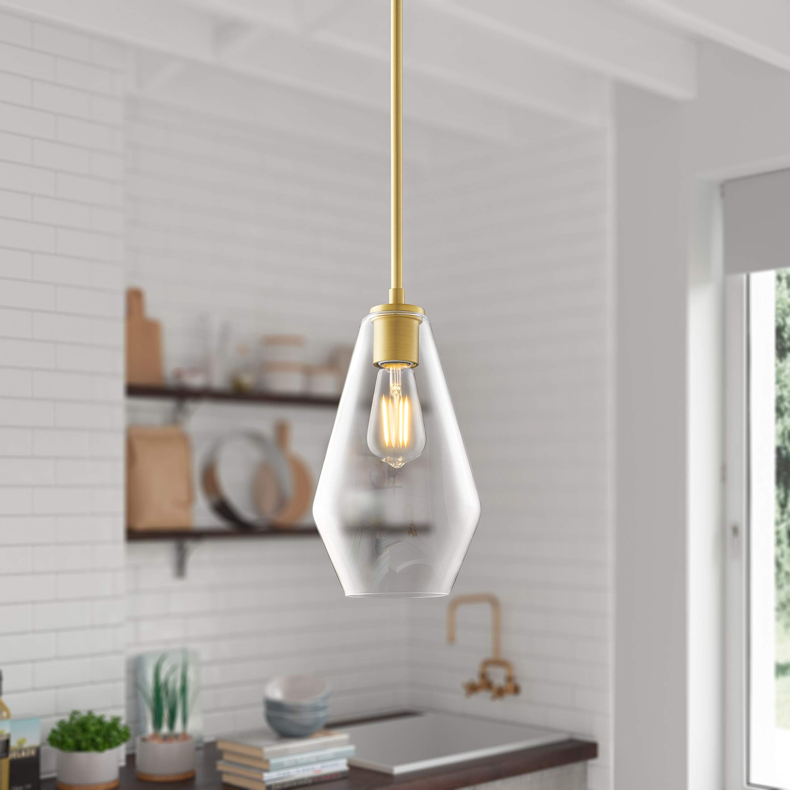 Linea di Liara Pendant Light, Modern Glass Farmhouse Design, Satin Brass, Giada Size, Model LL-P644-3SB, UL Listed
