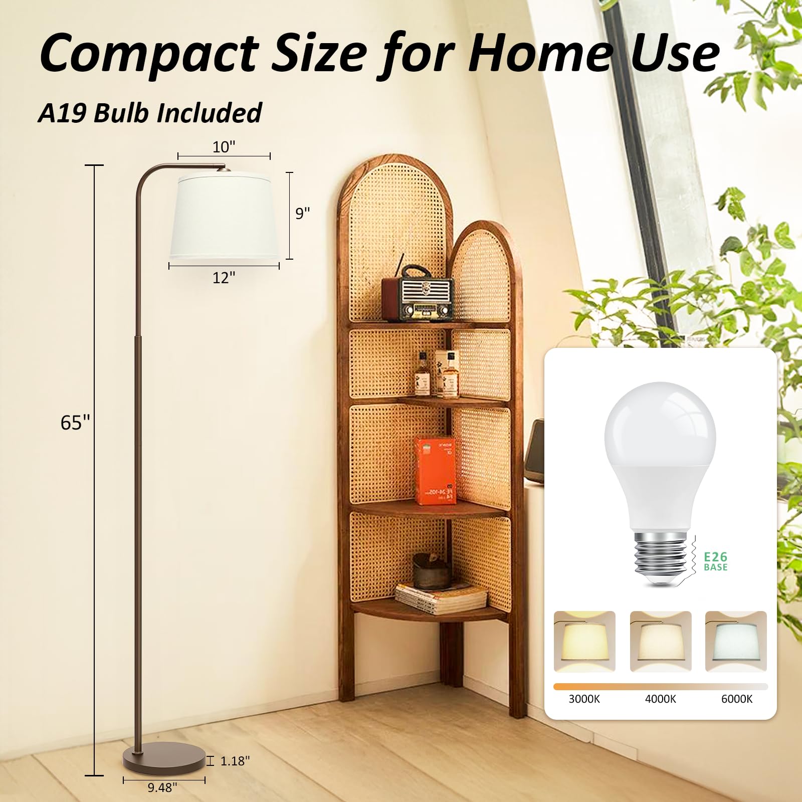 AKASUKI Floor Lamp with 3 Color Temperatures, Metal, Brown Base-Beige Shade, Model LT-1125, Includes 9W LED Bulb
