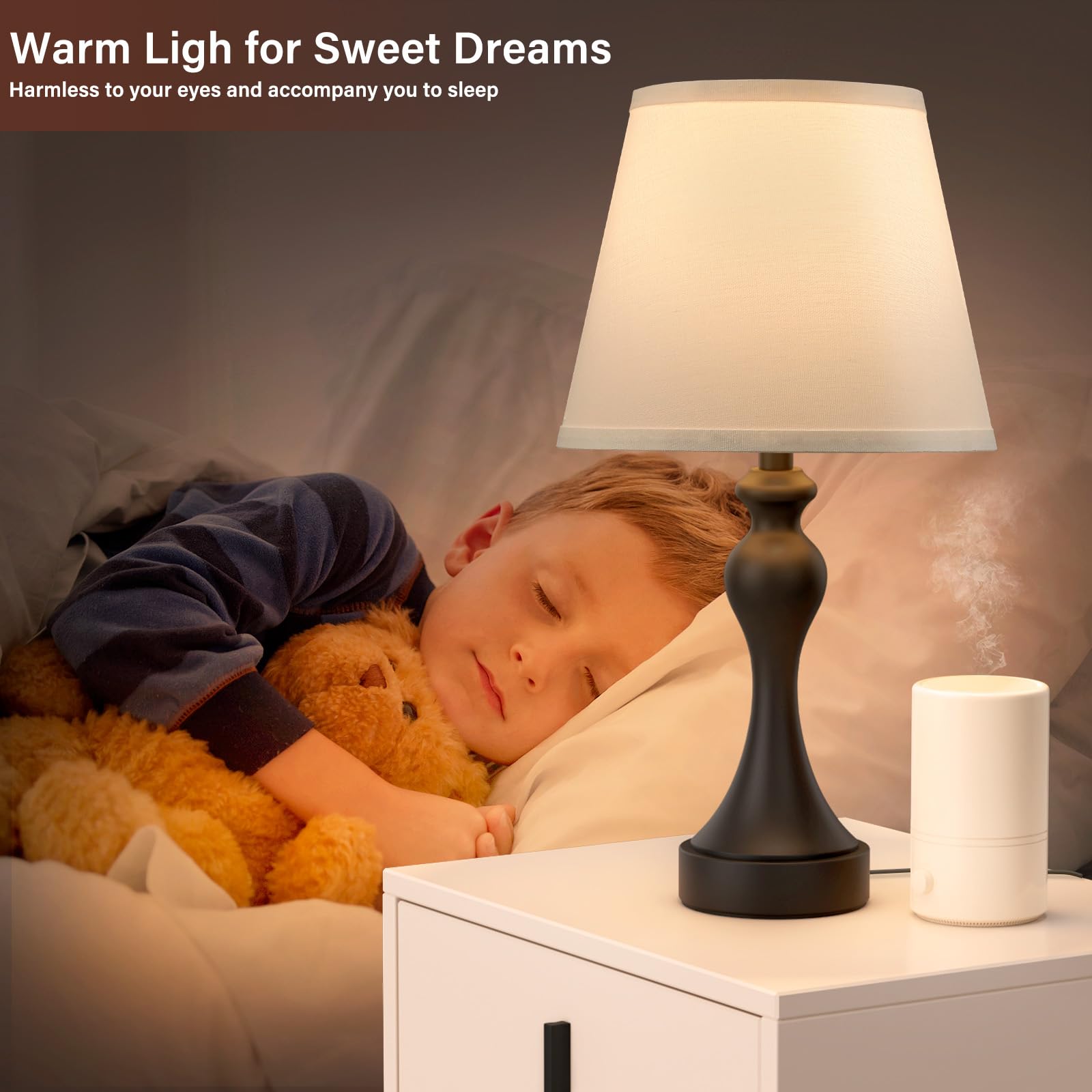 Seealle Touch Lamps Set of 2 - 3 Way Dimmable, USB C+A, F. White Shade & Black Base, Model 07025 for Nightstand & Bedroom