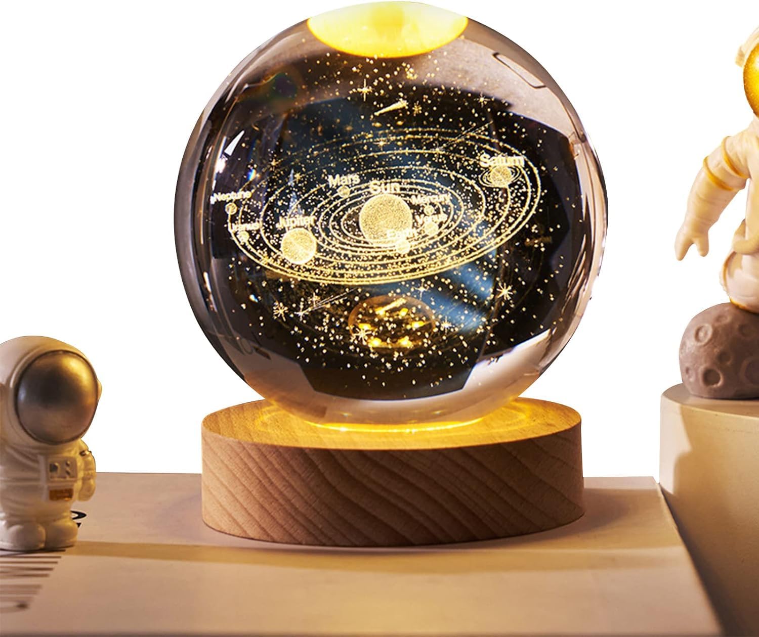 COOFANDY 3D Solar System Crystal Ball Night Light, with Removable Glow Ball, Crystal Glass Art Wooden Base Led Display Stand for