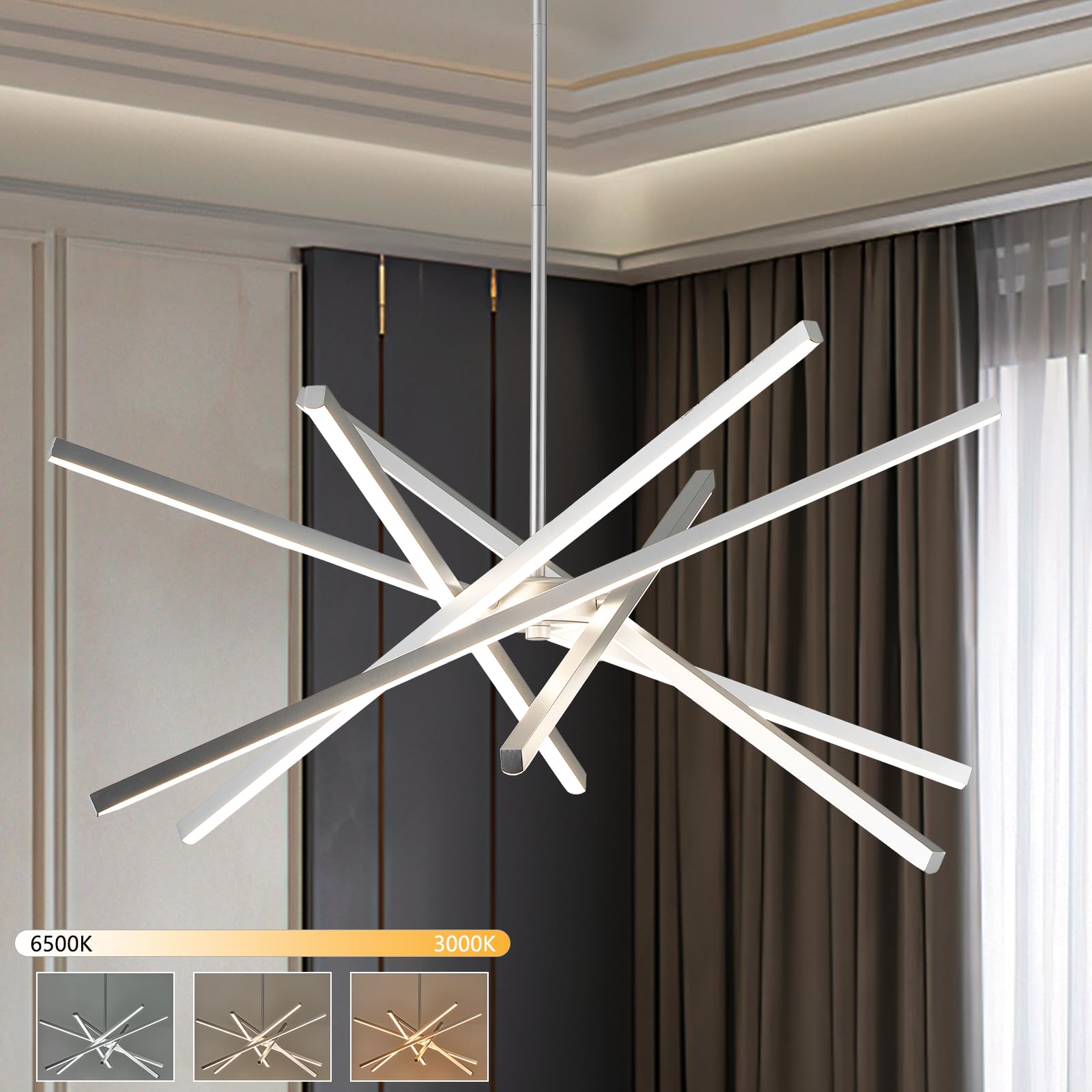 Hogbu Modern Chandelier Light Fixtures - Led 6-Lights Silver Dining Room Linear Chandeliers Sputnik Pendant Lights Fixture Over 