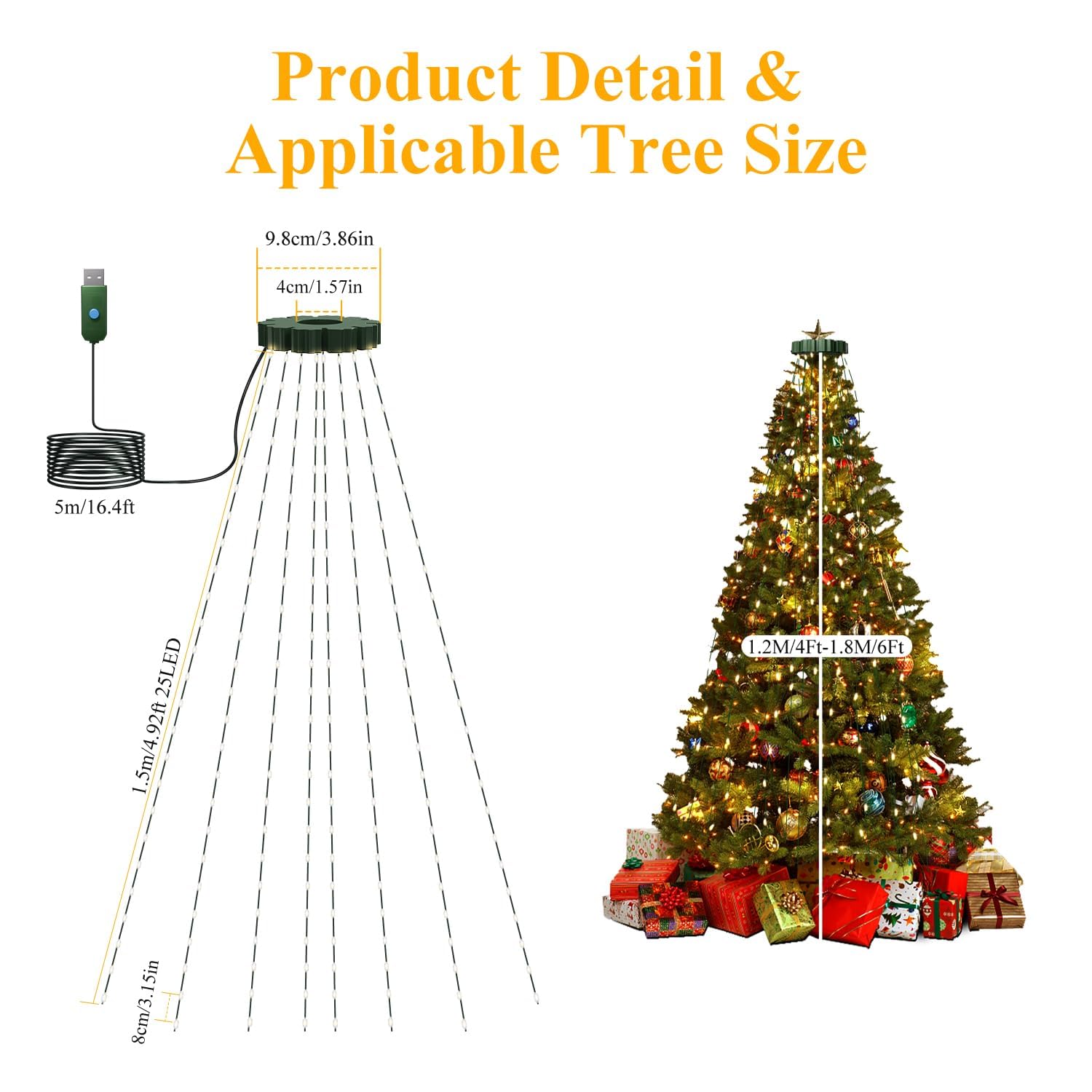 Btfarm Christmas Tree Lights With Remote  5Ft 300 Led Usb Plug In Fairy Xmas Lights For 4-6Ft Tree  Dimmable Timer Waterproof Cascading Twinkle String Light 8 Modes For Indoor Outdoor Decor Warm White