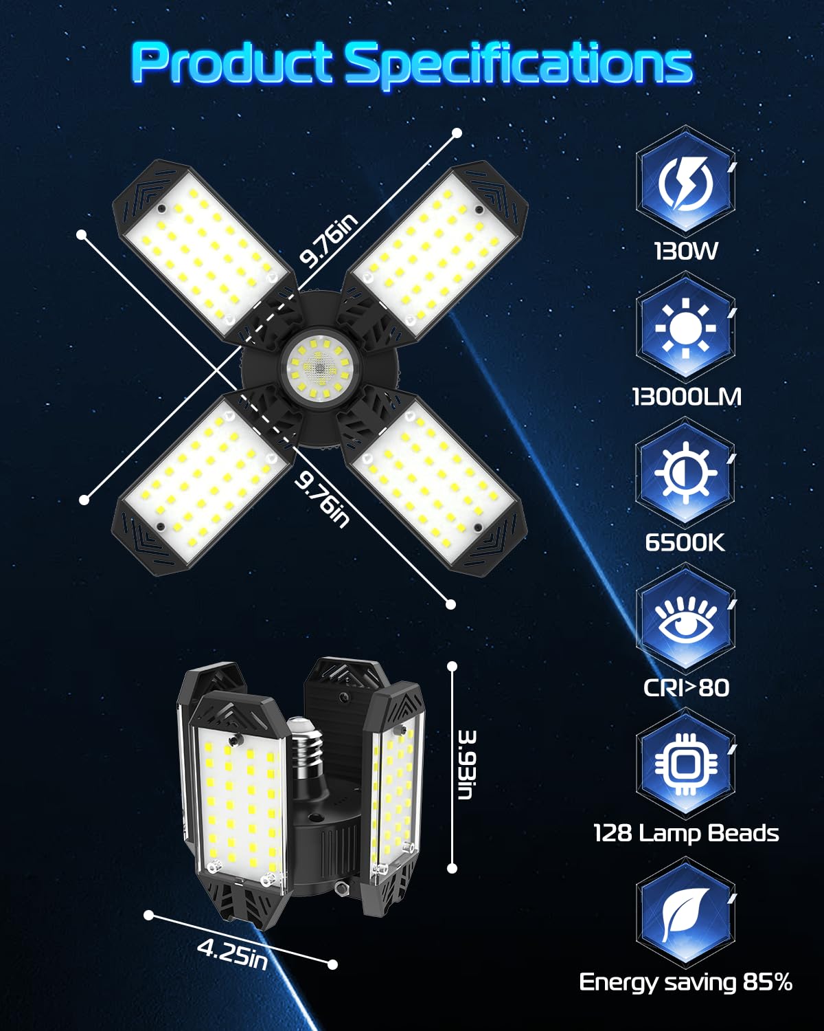 Garage Light - 4Pack 130W 13000Lm Deformable 4+1 Panel Led Garage Light With Led Transformer, E26/27 Base, 6500K Daylight White Garage Lights Ceiling Led For Garage, Factory, Warehouse, Storage Room