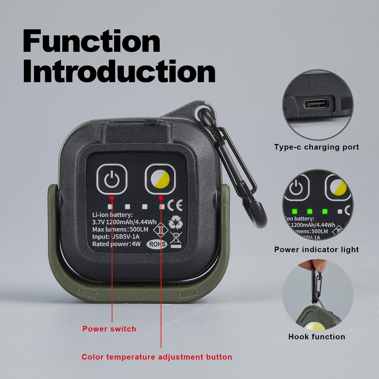 Sunrei Mini Portable Led Rechargeable Magnetic Work Light, 180° Rotating, 500Lm, Bi -Color Temperature, Magnetic&Hook, Ipx5 Waterproof For Camping, Car Repairing