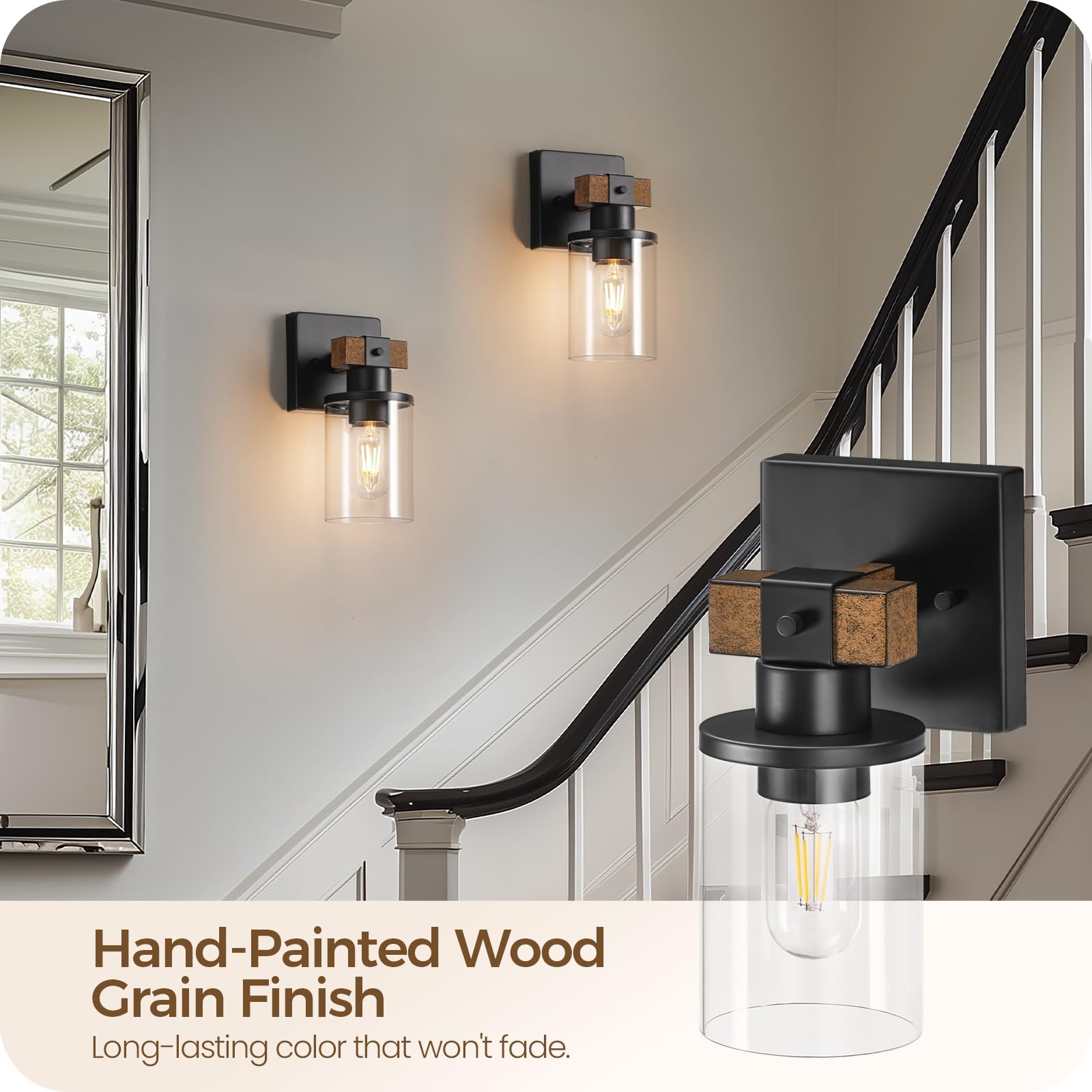 GOEBLESON Wall Sconces Set of Two, Rustic Brown + Black, Metal Bathroom Light Fixture, Model 14BD-1, Clear Glass Shade