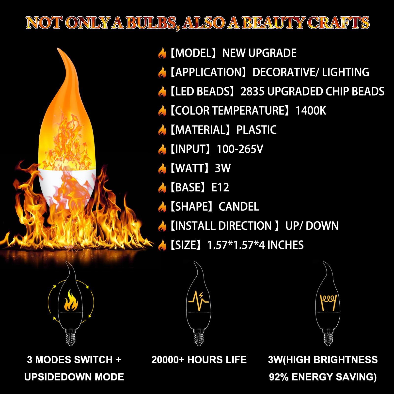 Kestnsee E12 Led Flickering Candelabra Flame Effect Light Bulbs - Upgrade Flicker Candelabra Torch Fire Effect Lights Bulbs For Outdoor Halloween Xmas Holiday Decorations Indoor Lamp (2 Pack)