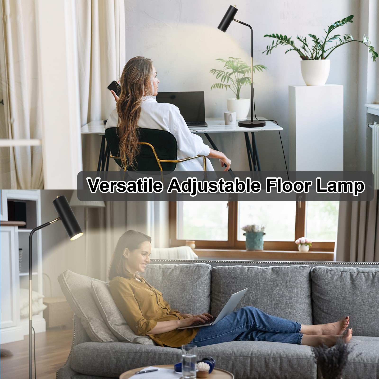 LALISU Industrial Floor Lamp - Rustic Metal Reading Lamp, Adjustable Heads, LED Black for Living Room & Office Home Décor