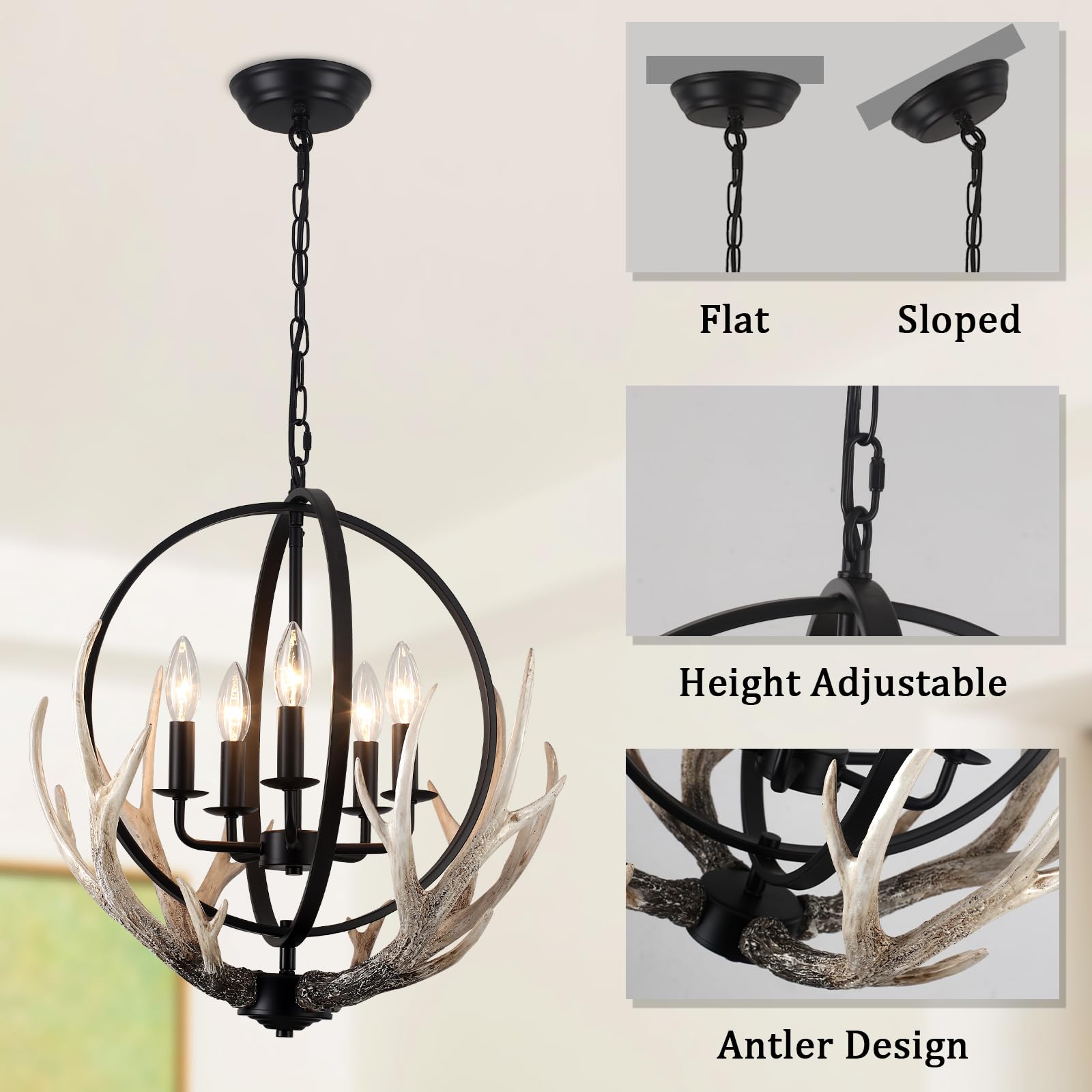 Puming 5-Light Black Chandelier For Dining Room 20'' Antler Farmhouse Chandeliers Rustic Vintage Pendant Light Fixture With 4 Re