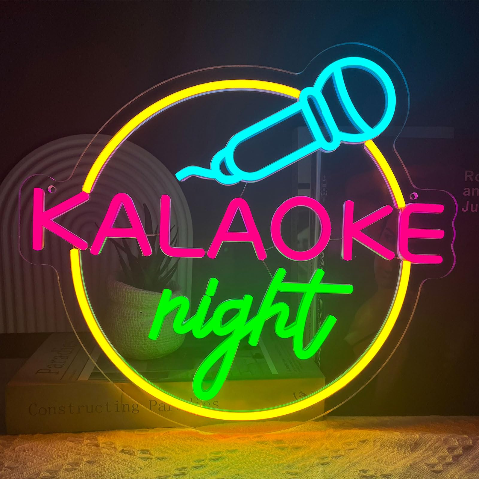BerniceKelly Karaoke Neon Sign - Dimmable USB LED Wall Art, 14inx1in, Silicon & Acrylic, Kalaoke Color, Music Room Decor