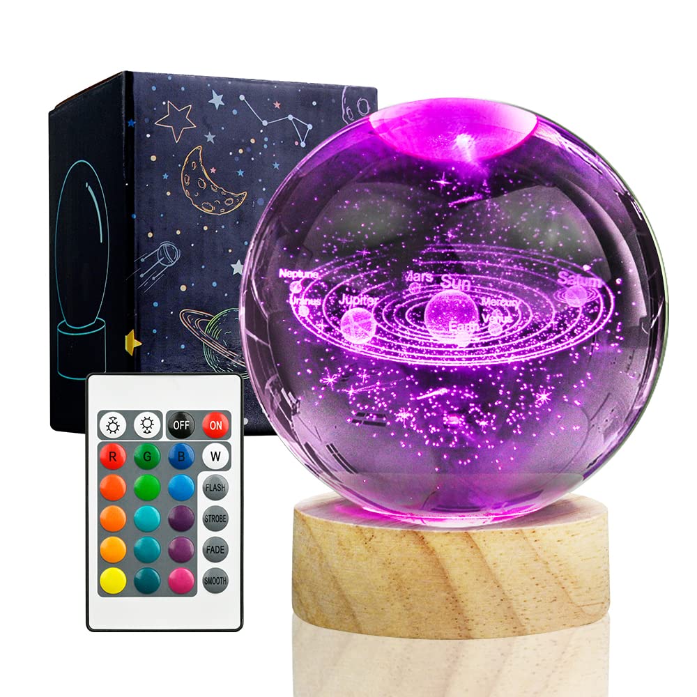 3D Solar System Crystal Ball Night Light with 16 Color LED Wooden Base, Upgraded 3.15 In Galaxy Planets Glass Ball Lamp with Rem