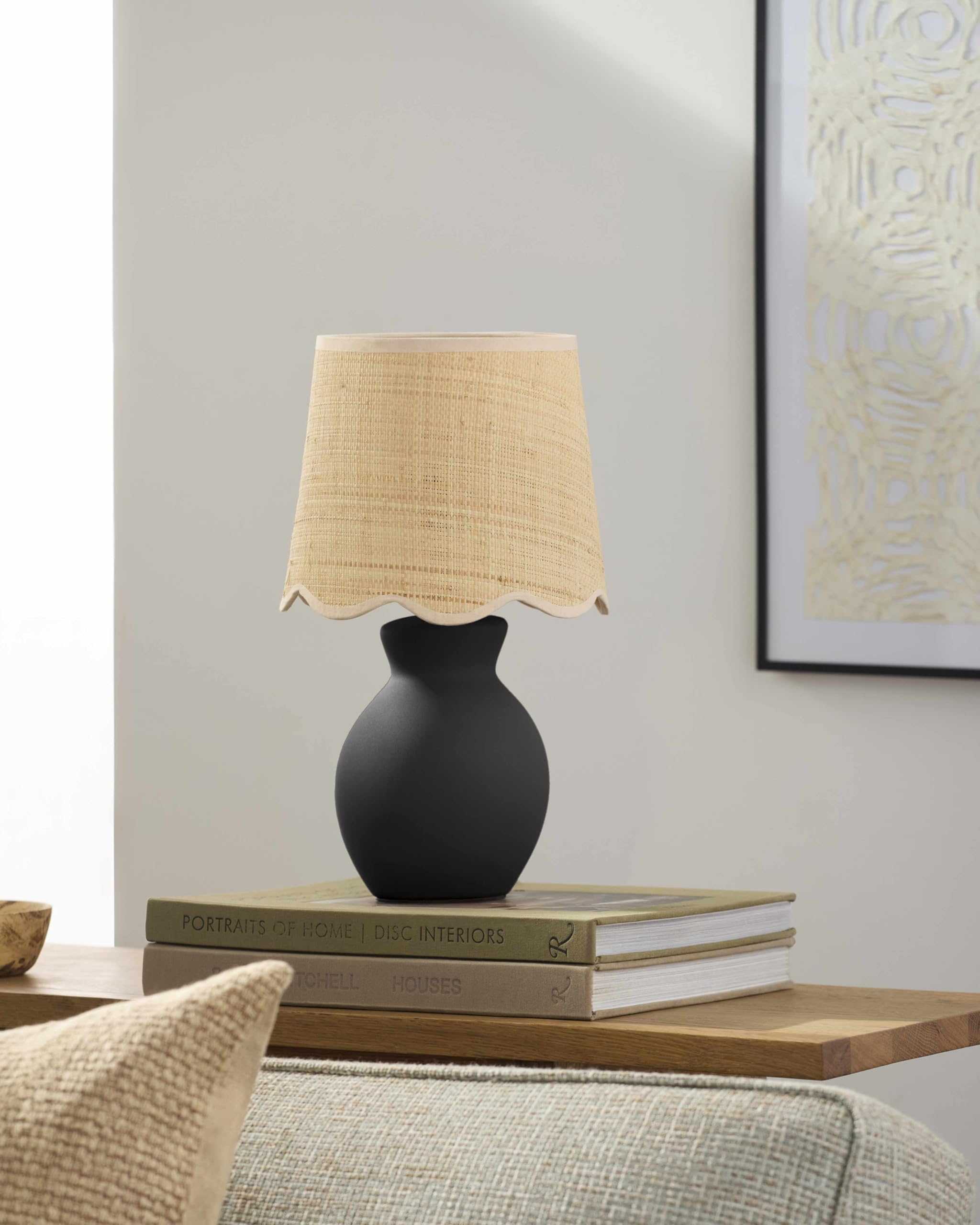 BoutiqueRugs Boho Ceramic and Jute Bedside Table Lamp - 15in H - Black, Beige - Model SPXZVC9-076