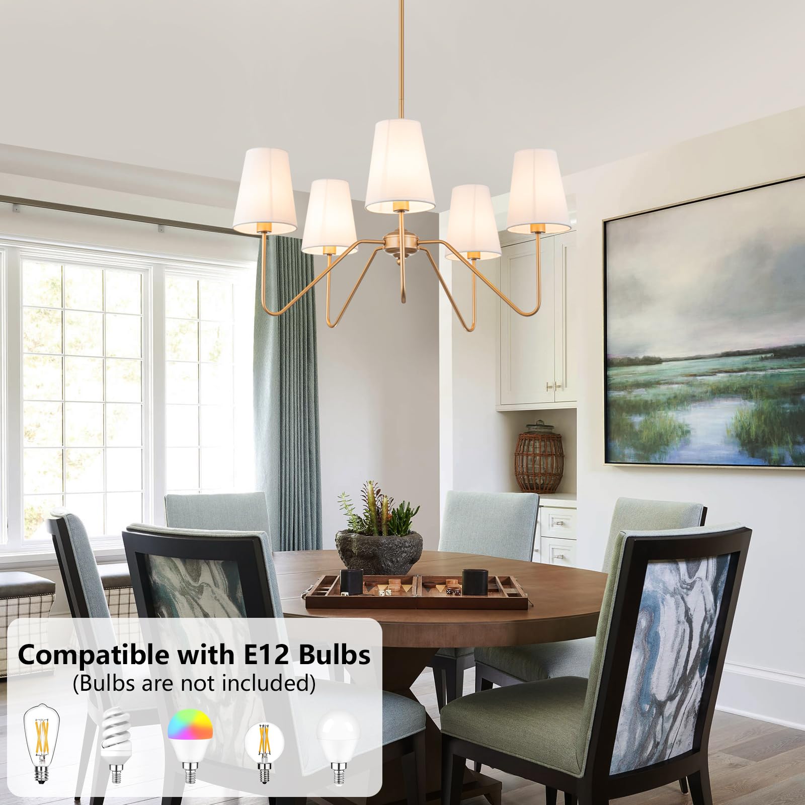 Fiyueoyi Brass Gold Chandeliers For Dining Room, 5-Light Modern Pendant Light Fixture Over Table With White Shade Farmhouse Lighting Fixtures For Living Room Bedroom Hallway Height Adjustable