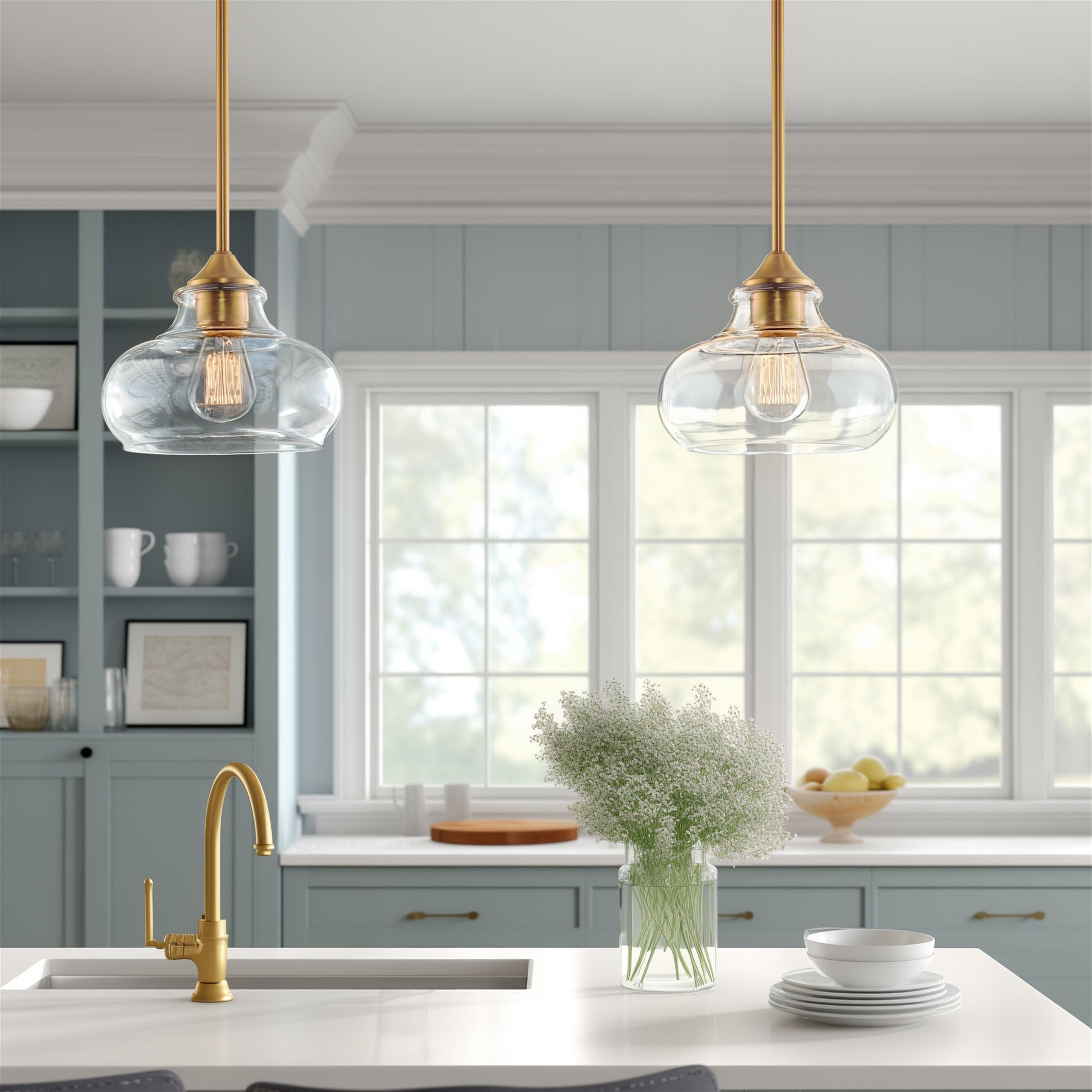 Kira Home Harlow 9in Pendant Light, Modern Industrial, Clear Glass Shade, Warm Brass Finish, Model RV-CP6802-WB