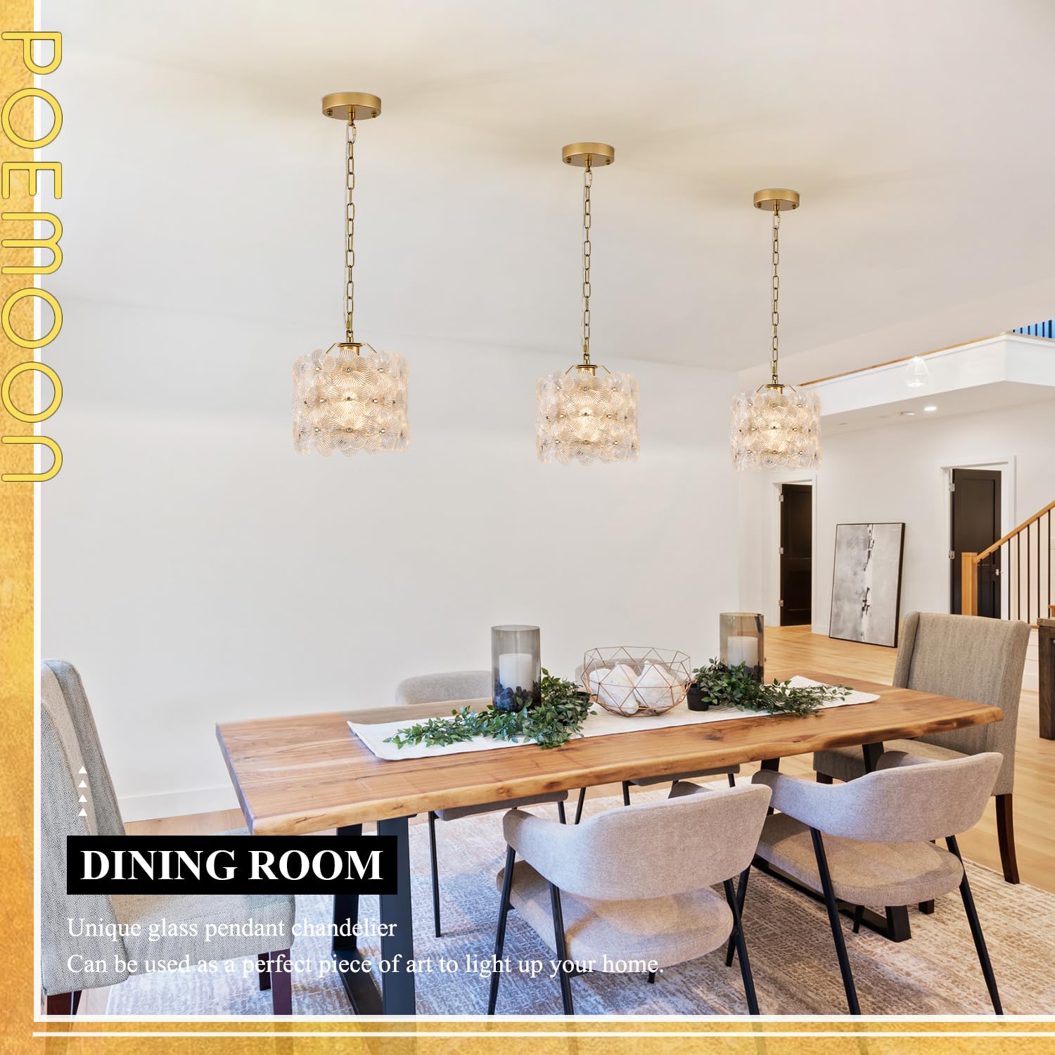 Poemoon 2-Pack Gold Glass Pendant Light, 1-Light Modern Flower Design, 8.7" for Kitchen, Dining, Bedroom, Model P54-1GC2