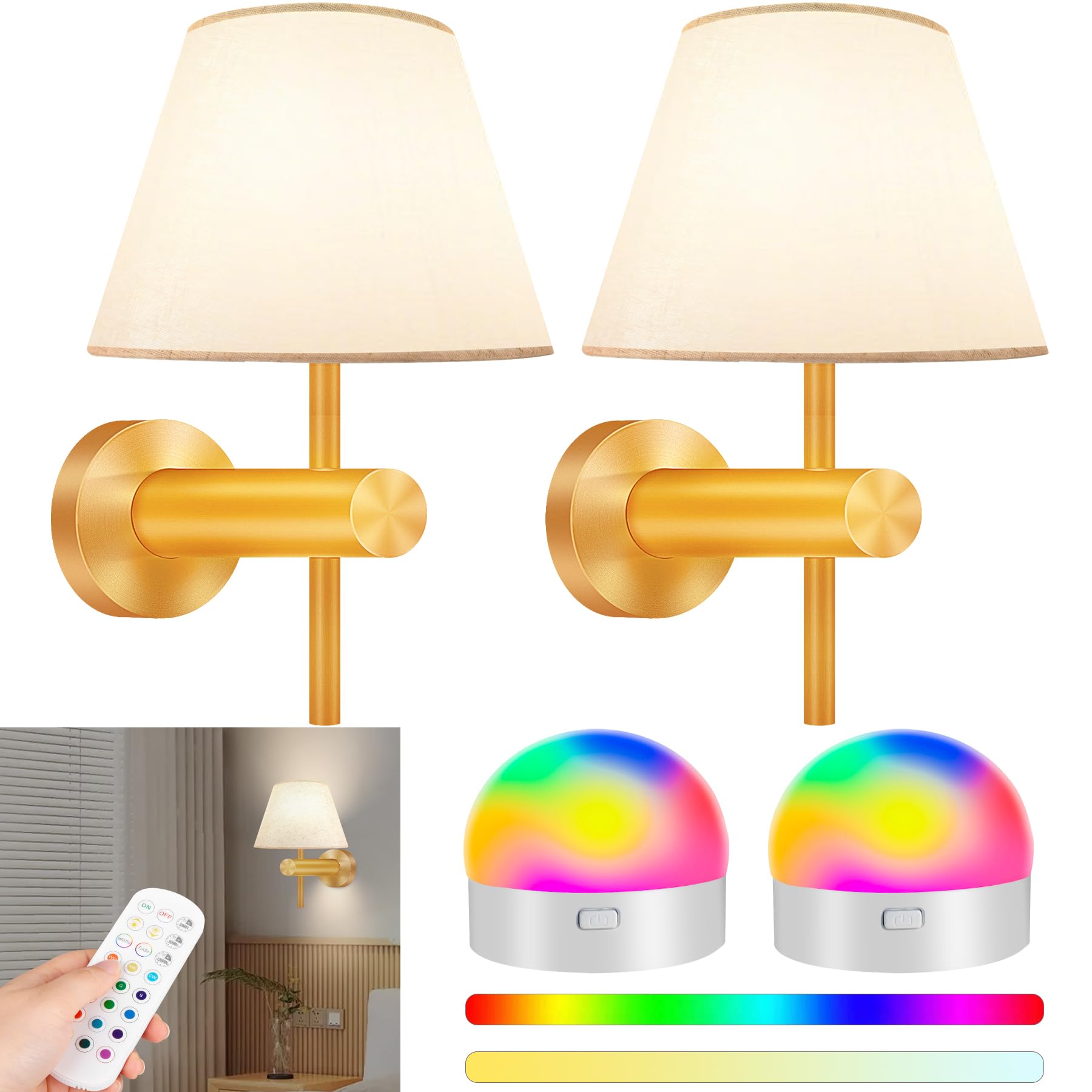 Starmoitic Battery Operated Wall Sconces Set Of 2, Gold Rechargeable Rgb Wall Lights With Dimmable Magnetic Bulbs & Remote,15 Co