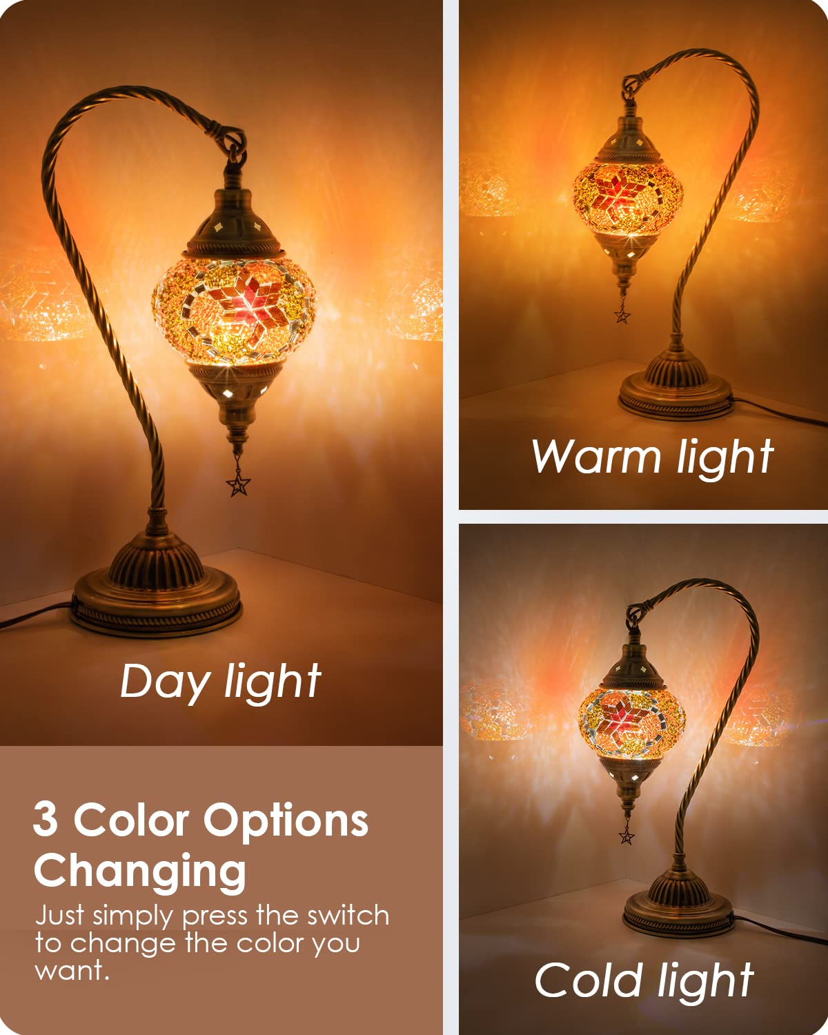 Yarra-Decor Turkish Moroccan Lamp - Handmade Tiffany Mosaic Glass, Bronze Base, 3-Way Color Changing, Red2 (LED Bulb Included)