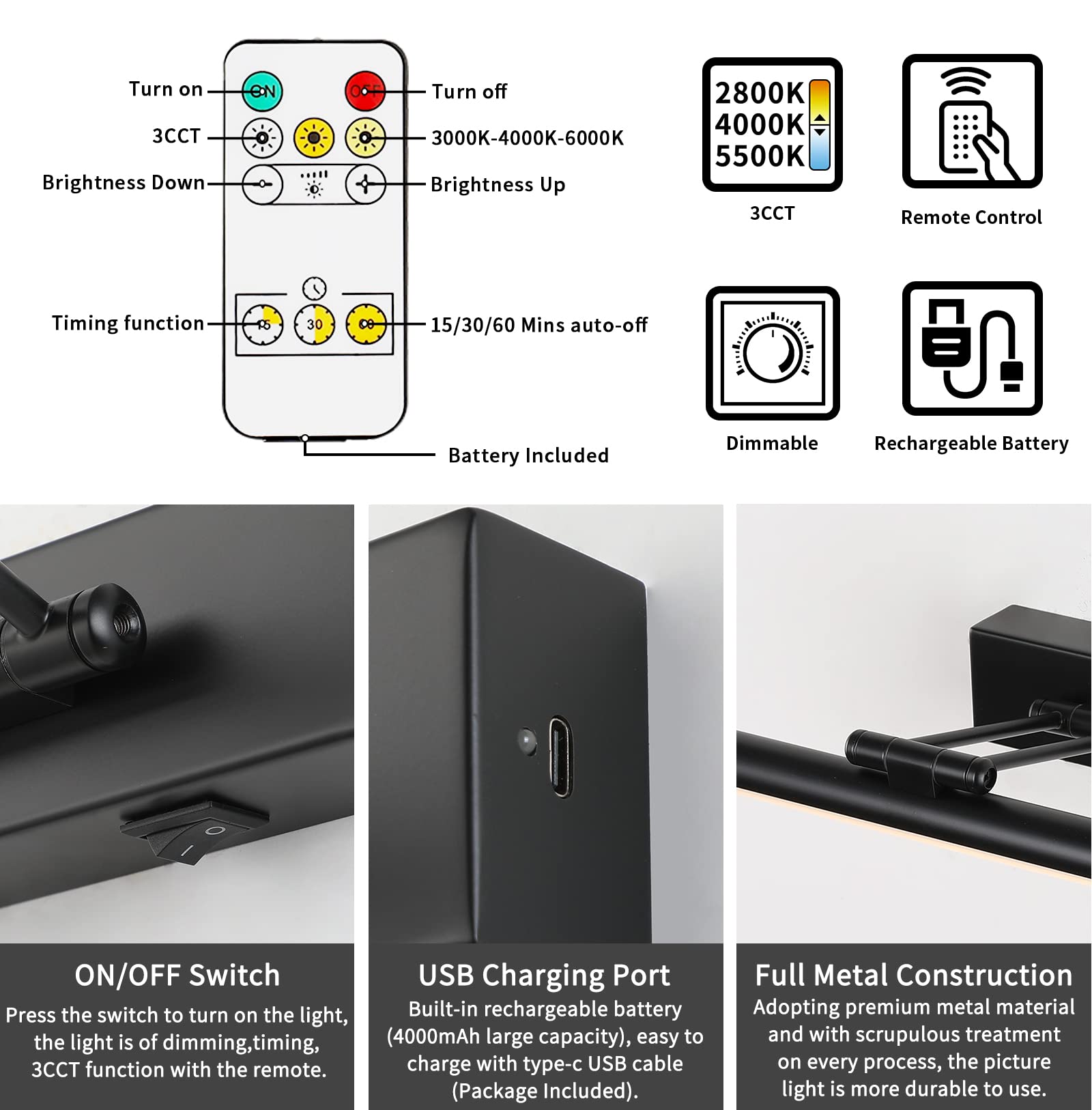 Jusheng 16'' Dimmable Battery Operated Picture Light - Black Metal Art Display With Timer
