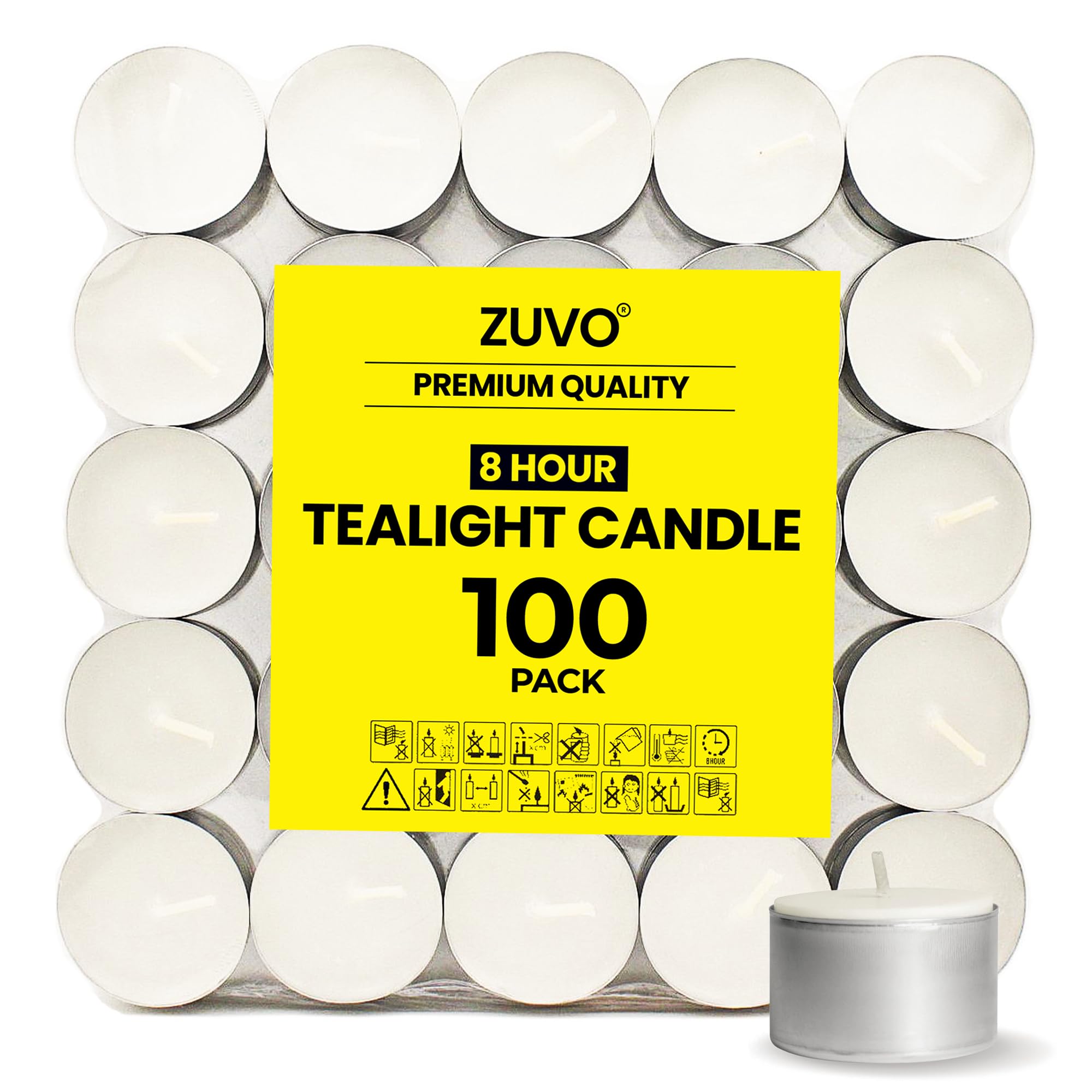 8 Hour Tea Lights Candles (100 Pack) - White Long Lasting Tea Lights - Smokeless & Unscented Candles - Party Candles- for Weddings - 3.8 x 2.3 CM  8hr