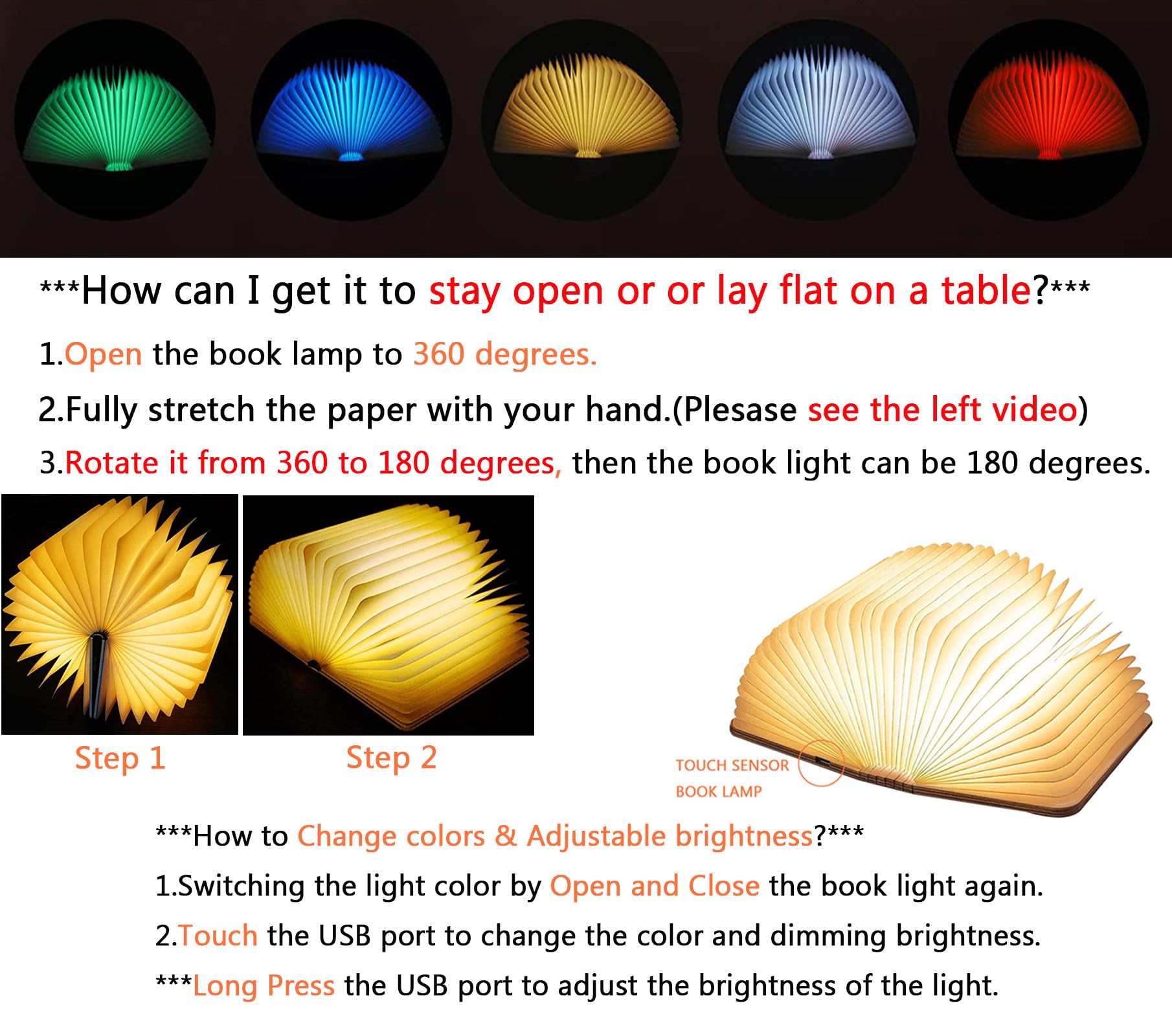 Tiuredx Wooden Book Light, Upgraded 5 Colors Creative Led Book Night Light Usb Rechargeable Magnetic Folding Mood Light For Home