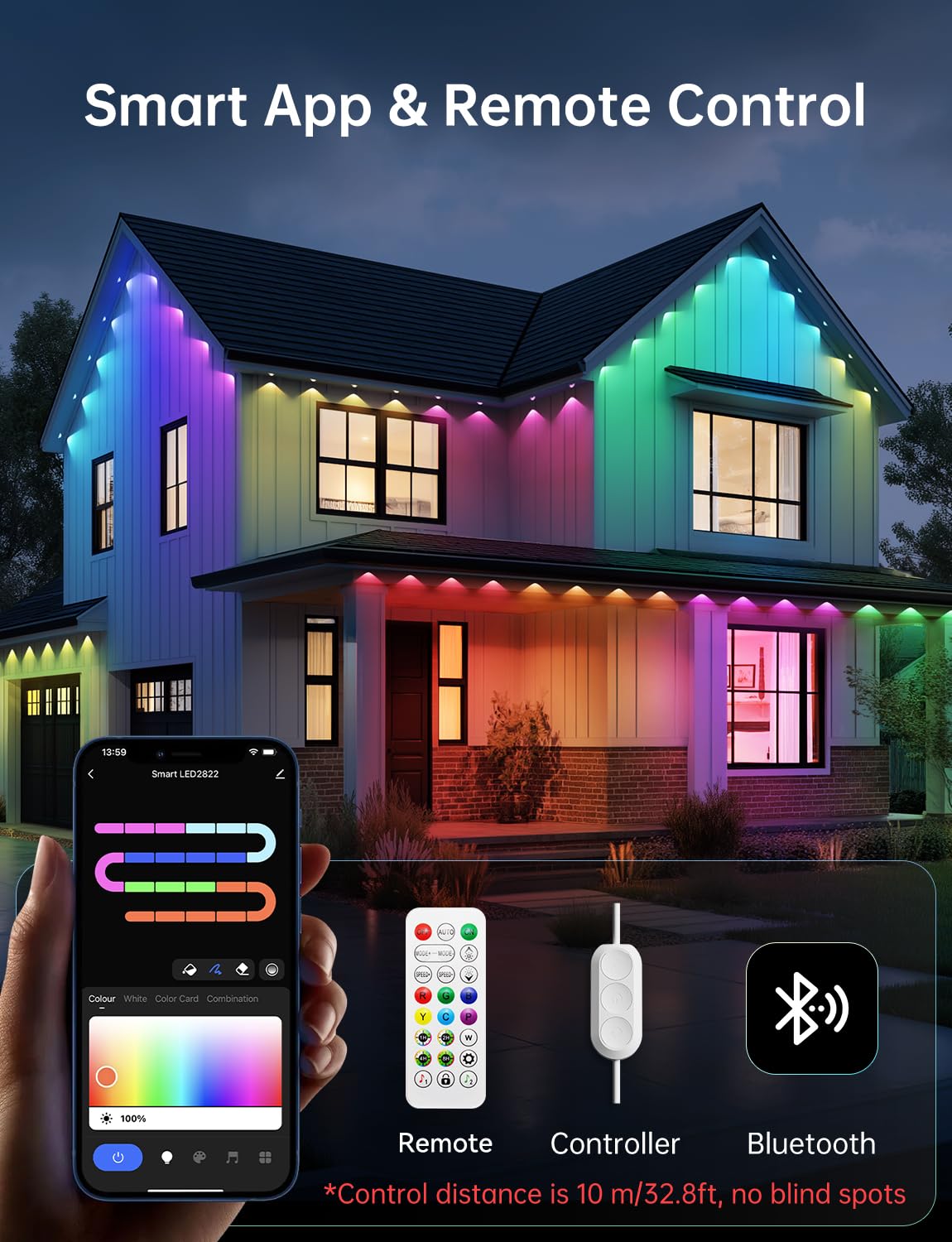 lemonlovely 100FT Outdoor LED Lights - 50 Smart IC+RGBCW, IP67 Waterproof, White, Model 2323, Perfect for Christmas & Halloween Decor