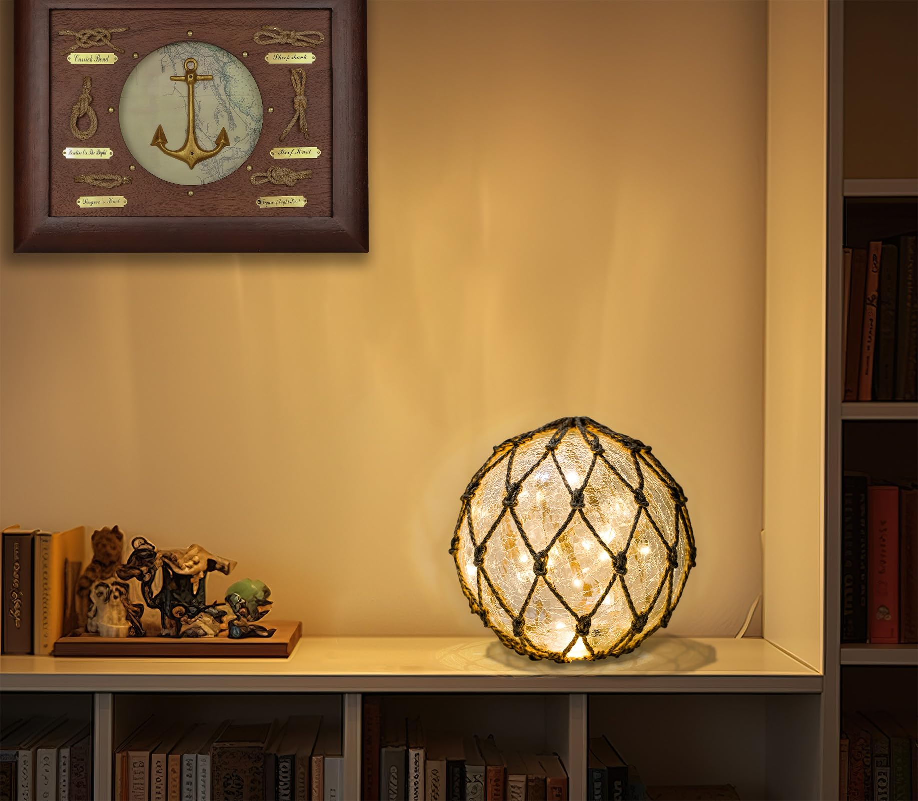 SAILINGSTORY Glass Fishing Float Nautical Lamp Coastal Beach Decor Cracked Glass Ball Night Light 8.6