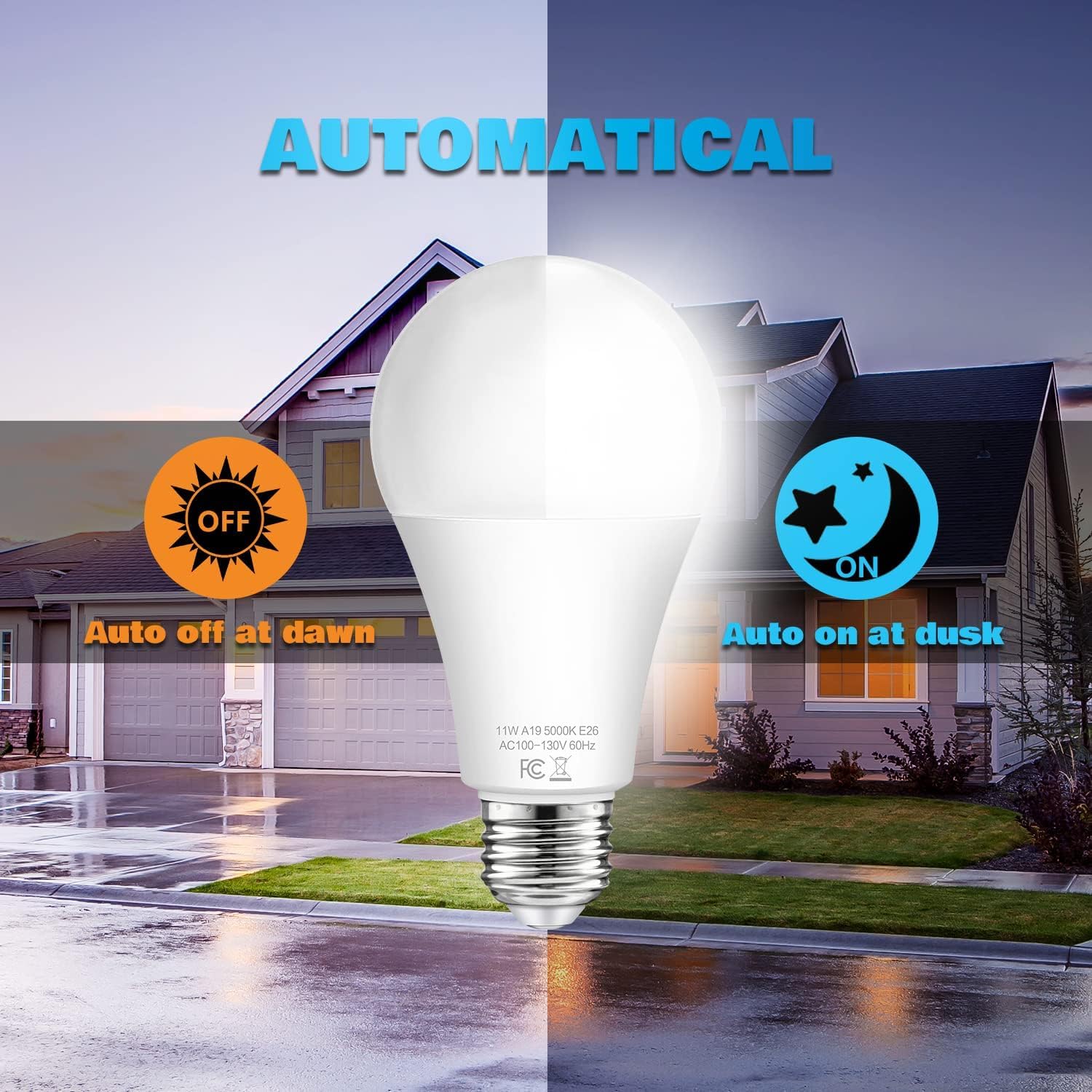 Dusk To Dawn Light Bulbs Outdoor 100 Watt Equivalent, 11W Automatic On/Off Sensor Light Bulb Daylight 5000K, A19 Outdoor Led Lig
