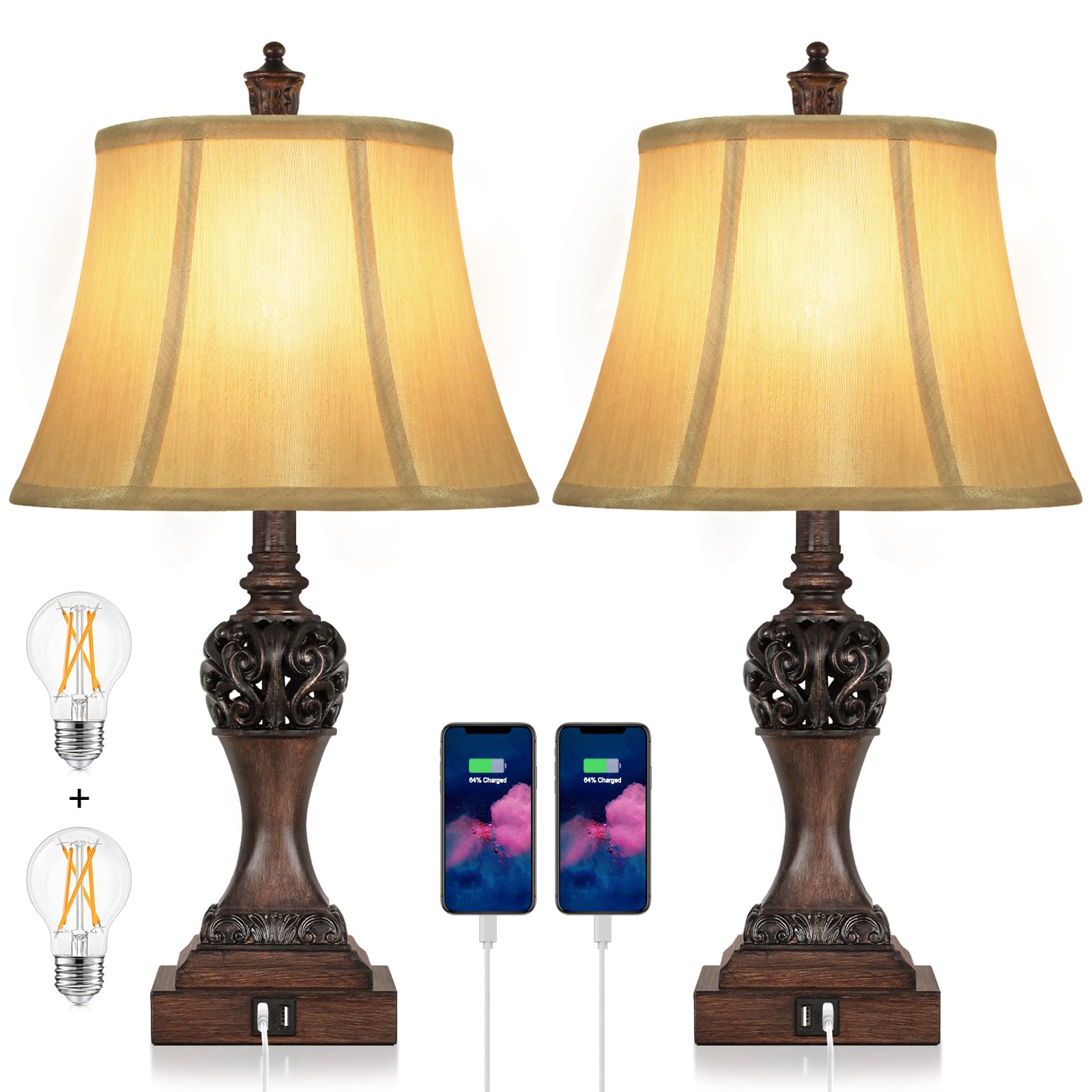 Set Of 2 Touch Control 3-Way Dimmable Table Lamps With 2 Usb Charging Ports Traditional Bedside Lamps With Bell Shape Faux Silk 