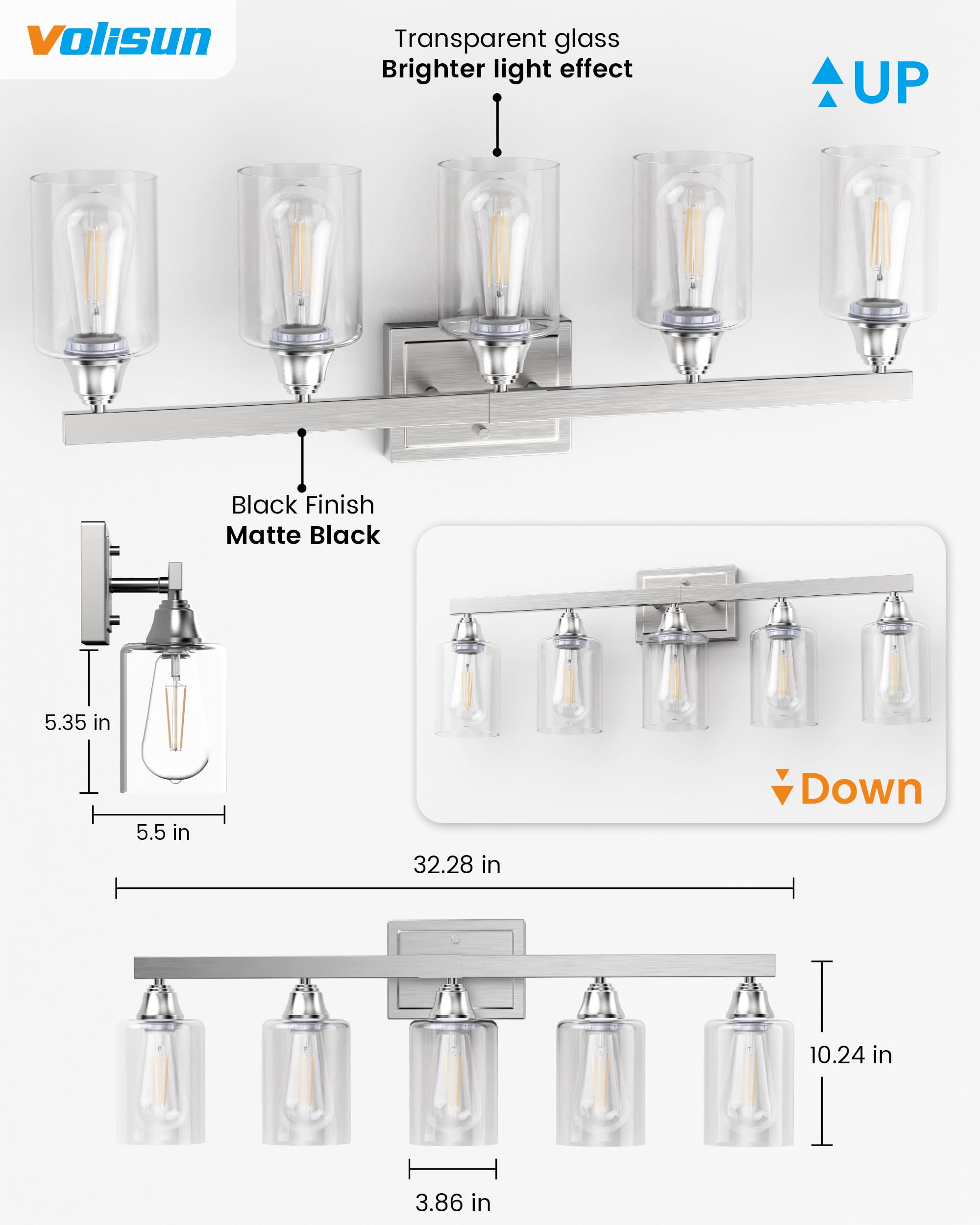 Volisun 5-Light Bathroom Light Fixtures, Brushed Nickel Bathroom Vanity Light Over Mirror, Modern Vanity Light For Bathroom, Bat