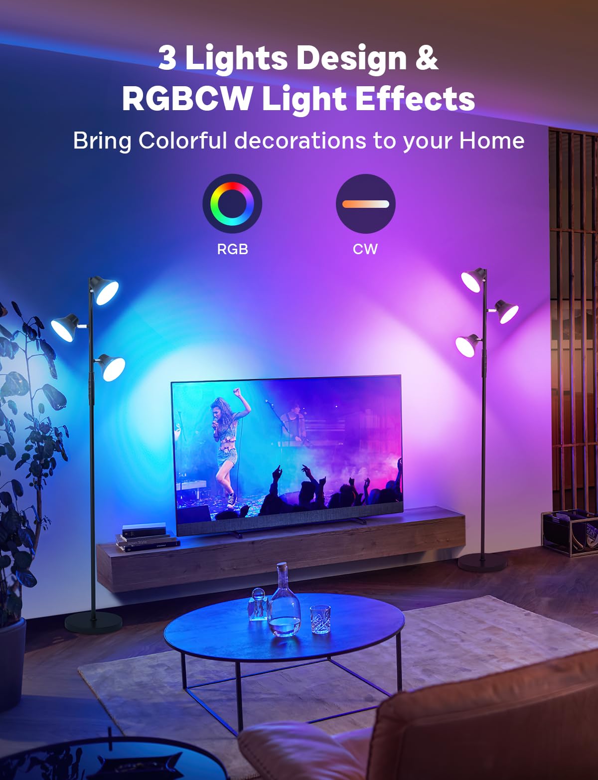 SIBRILLE RGBCW Floor Lamp - 36W Color Changing, Dimmable LED, Remote & Touch Control, Black, Model FLH-036-R2