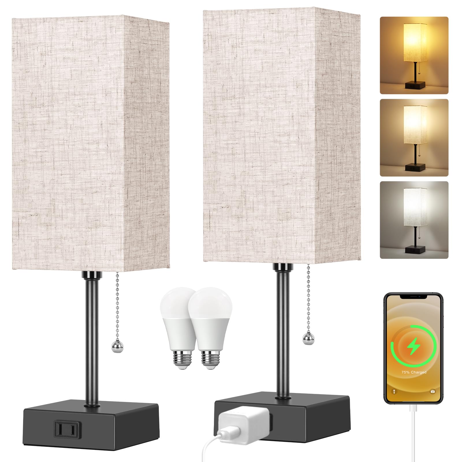 Table Lamp for Bedroom set of 2,3-Color Bedside Lamps with Pull Chain Table Lamps for Nightstand with AC Outlets,Night Light Lam