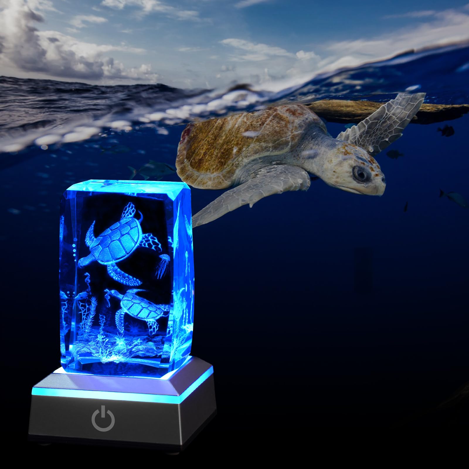 Eicxjui 3D Crystal Night Light With Multicolor Led Base Glass Laser Engraved Sea Turtle Figurines Lamp Gifts For Boys Girls Love