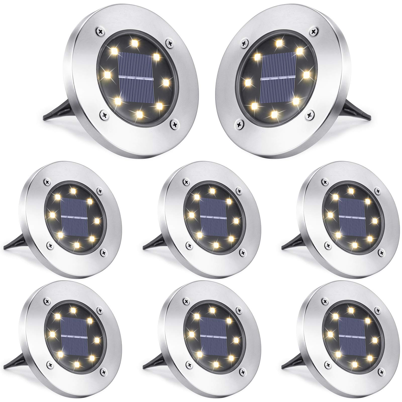LYHOPE Solar Ground Lights, 8 Pack LED Disk Lights, Waterproof for Lawn, Yard, Deck, Warm White, Stainless Steel