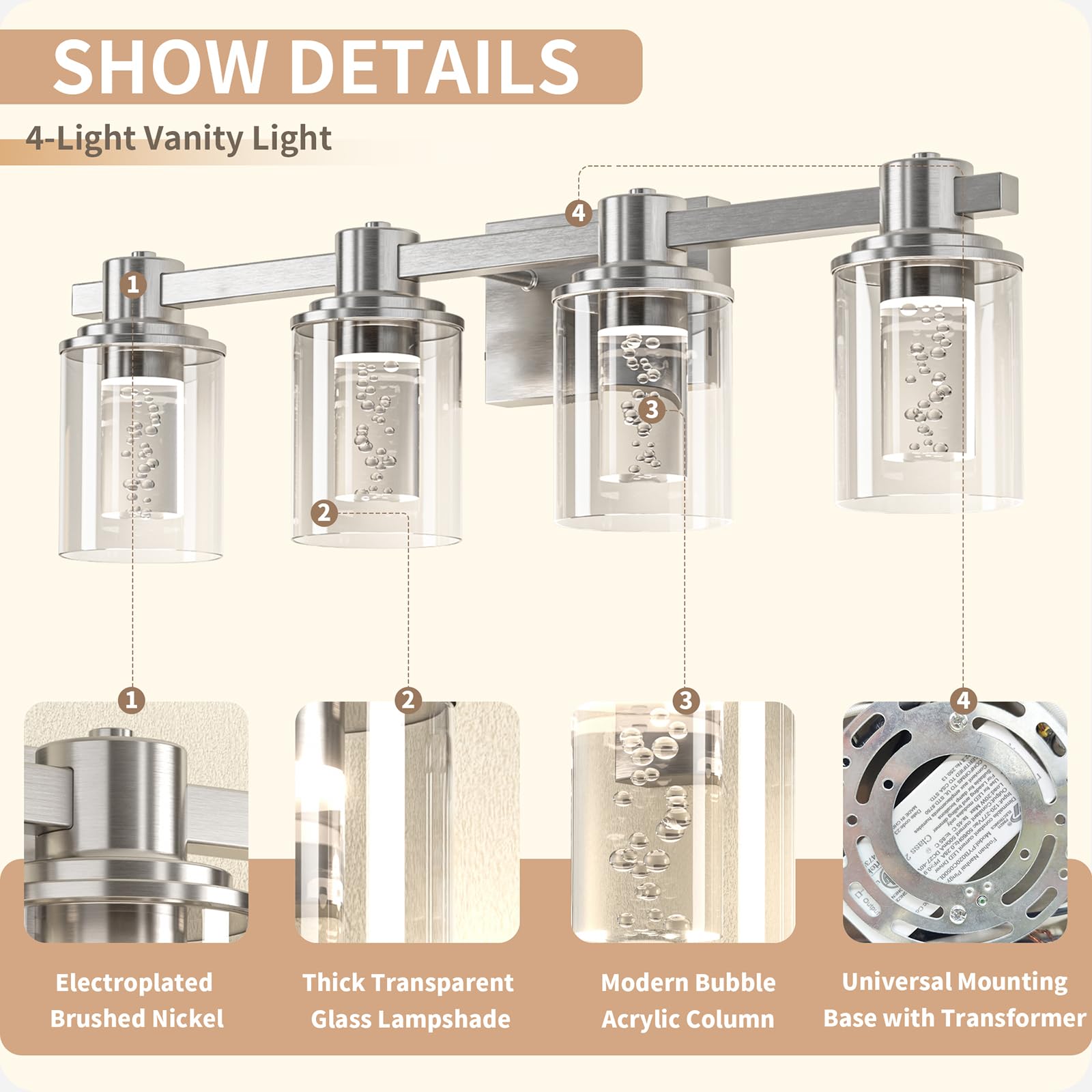 Quntis Brushed Nickel 4-Light Dimmable Bathroom Vanity Light, 5 Color Modes, Led Wall Lamp