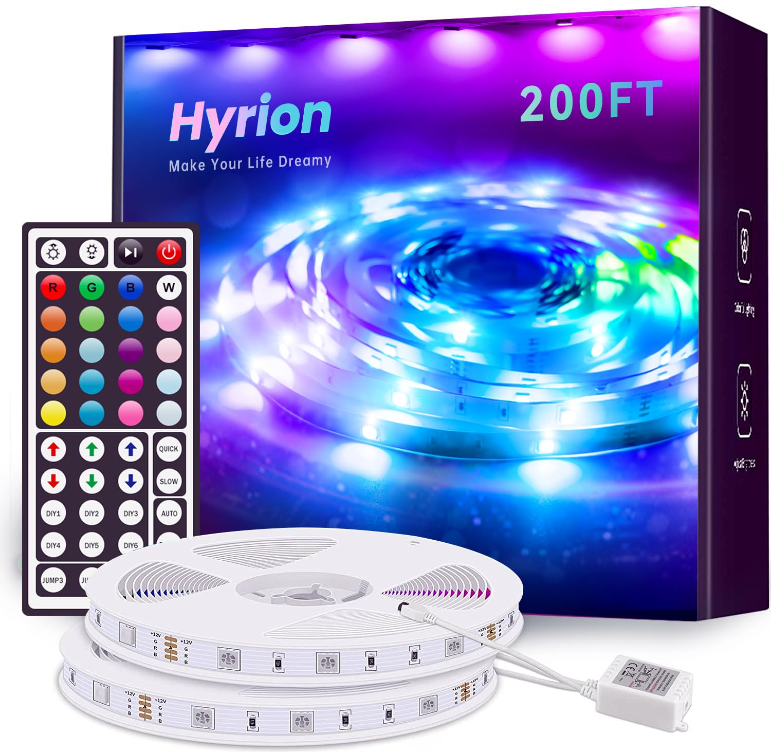 hyrion 200ft Led Strip Lights(2 Rolls of 100ft) for Bedroom with 44 Keys Remote,24 Volt Dimmable RGB Color Changing Led Lights f