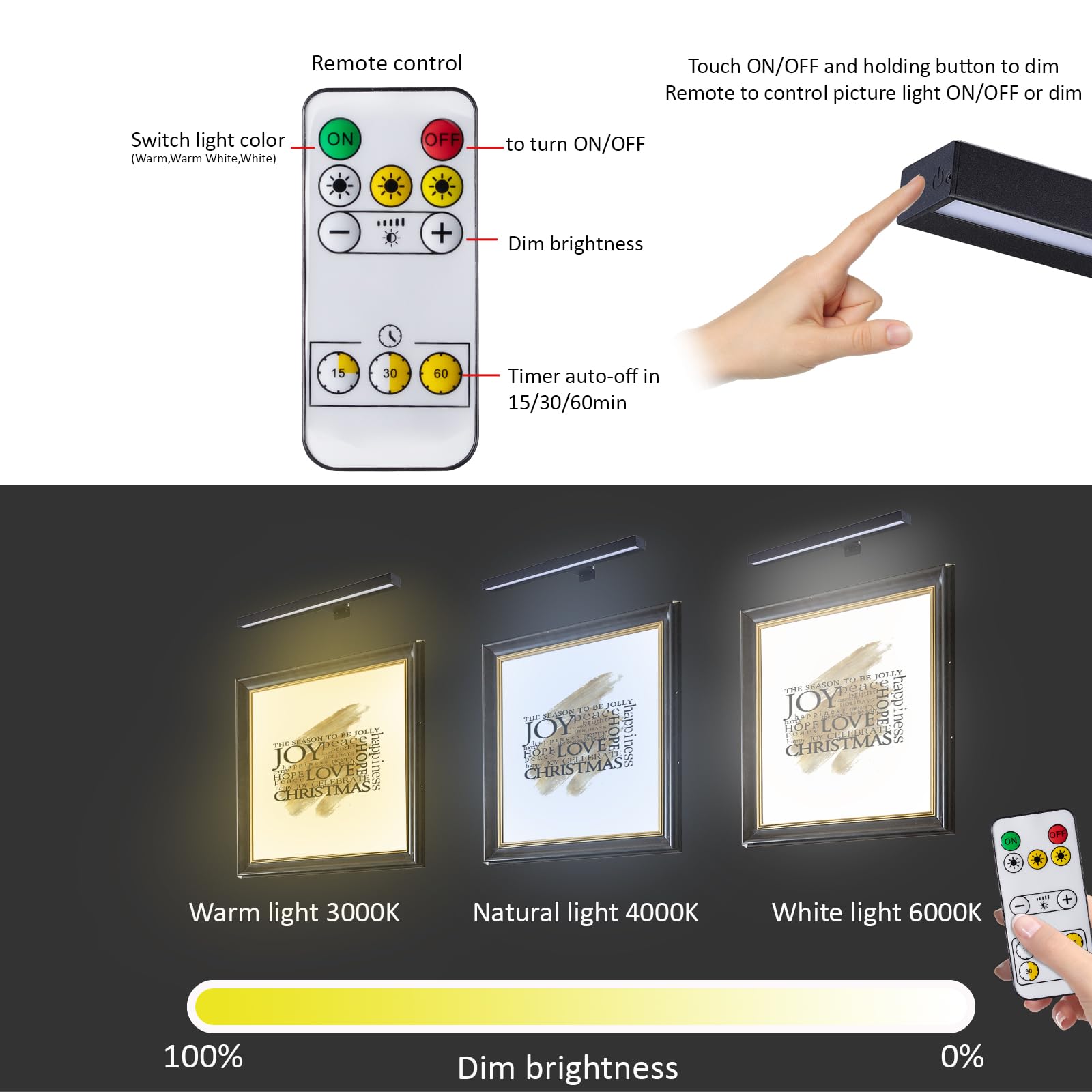 Vigmoj Wireless Led Picture Light 16In With Remote,Dimmable And Timer Picture Lights For Paintings,Metal Rechargeable Art Light