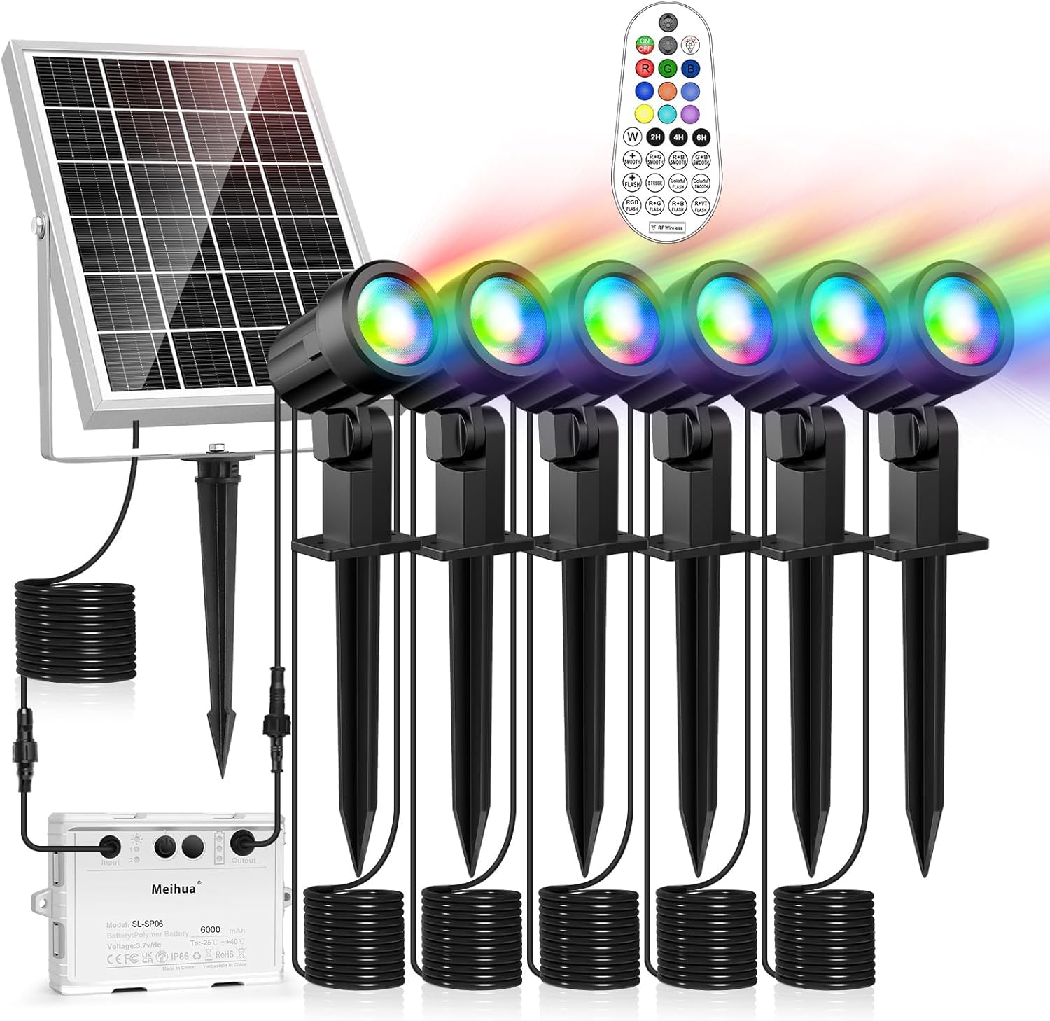 MEIHUA Solar Spot Lights Outdoor Color Changing, 6 in 1 Solar Landscape Lighting RGB Spotlights with Remote Control, IP66 Waterp